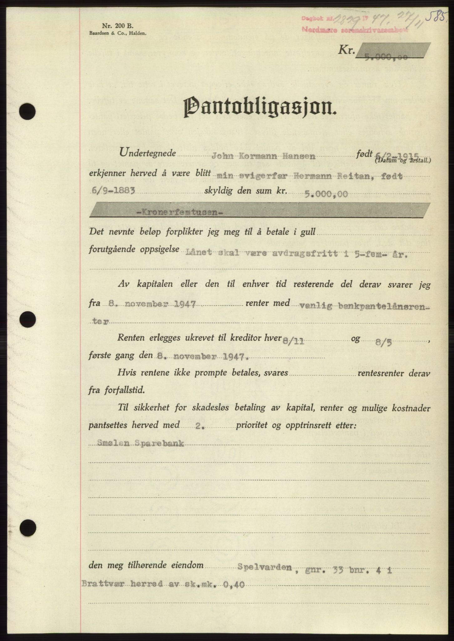 Nordmøre sorenskriveri, AV/SAT-A-4132/1/2/2Ca: Mortgage book no. B97, 1947-1948, Diary no: : 2829/1947