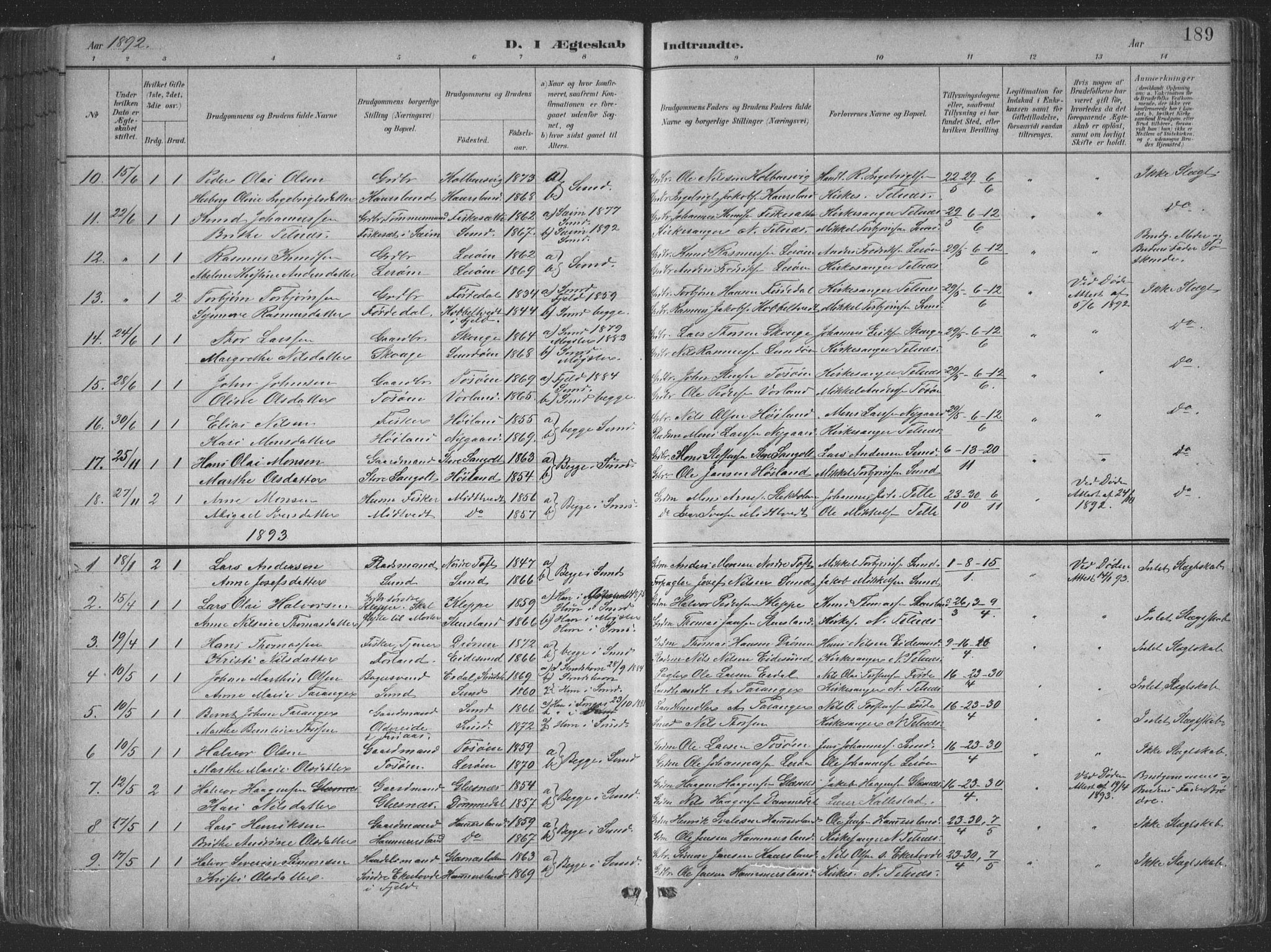 Sund sokneprestembete, SAB/A-99930: Parish register (copy) no. B 3, 1882-1911, p. 189