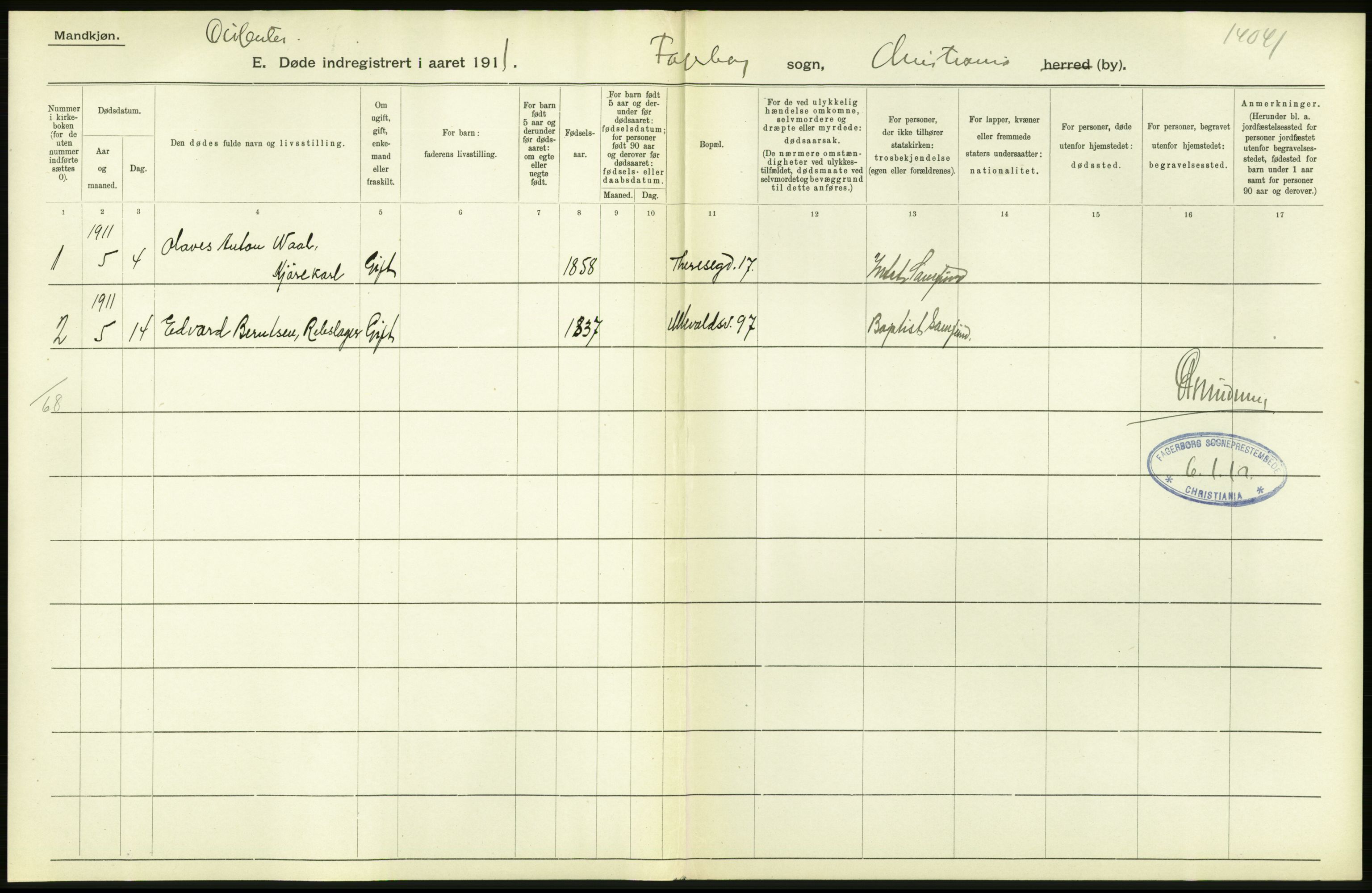 Statistisk sentralbyrå, Sosiodemografiske emner, Befolkning, RA/S-2228/D/Df/Dfb/Dfba/L0009: Kristiania: Døde menn, 1911, p. 26