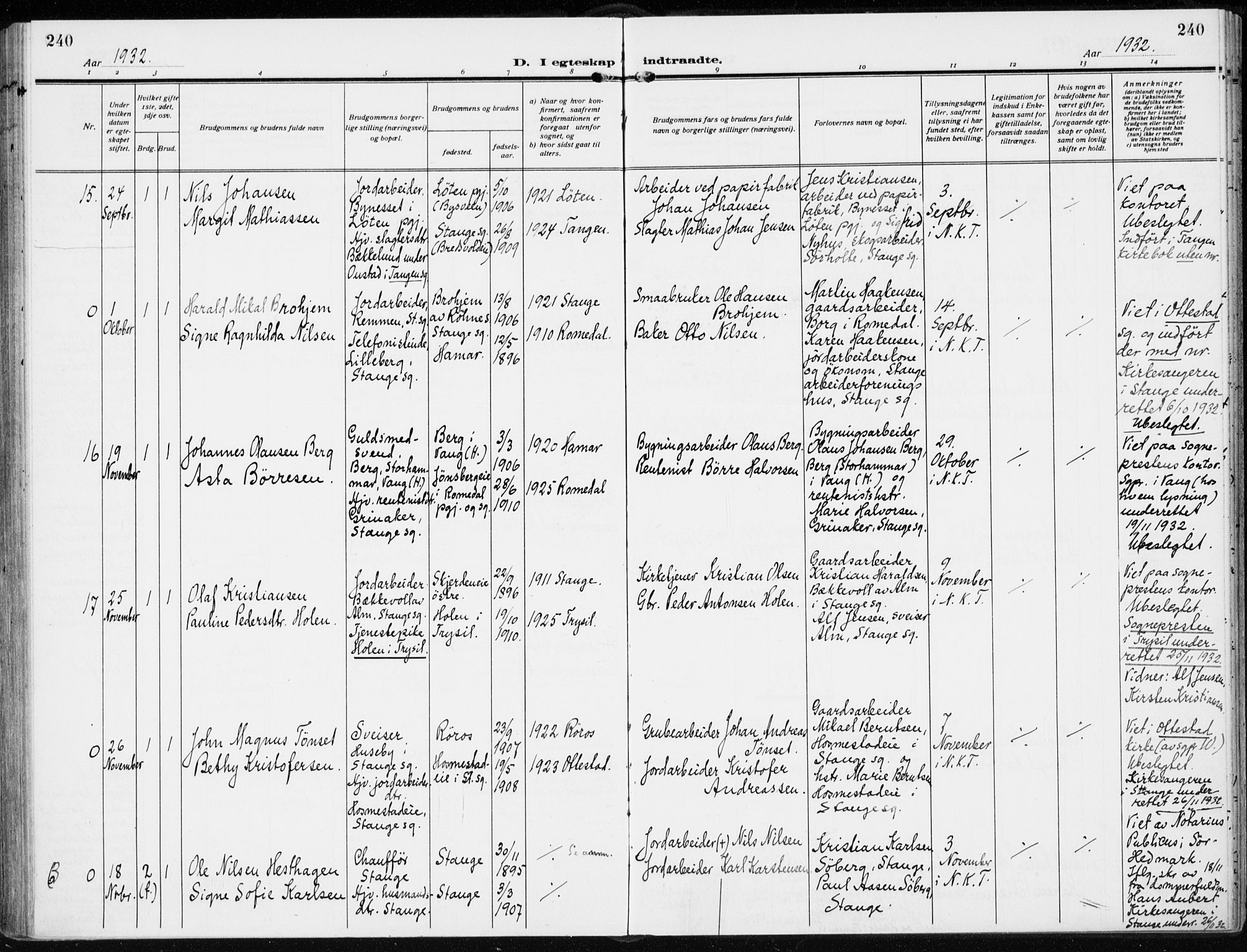 Stange prestekontor, AV/SAH-PREST-002/K/L0026: Parish register (official) no. 26, 1923-1937, p. 240