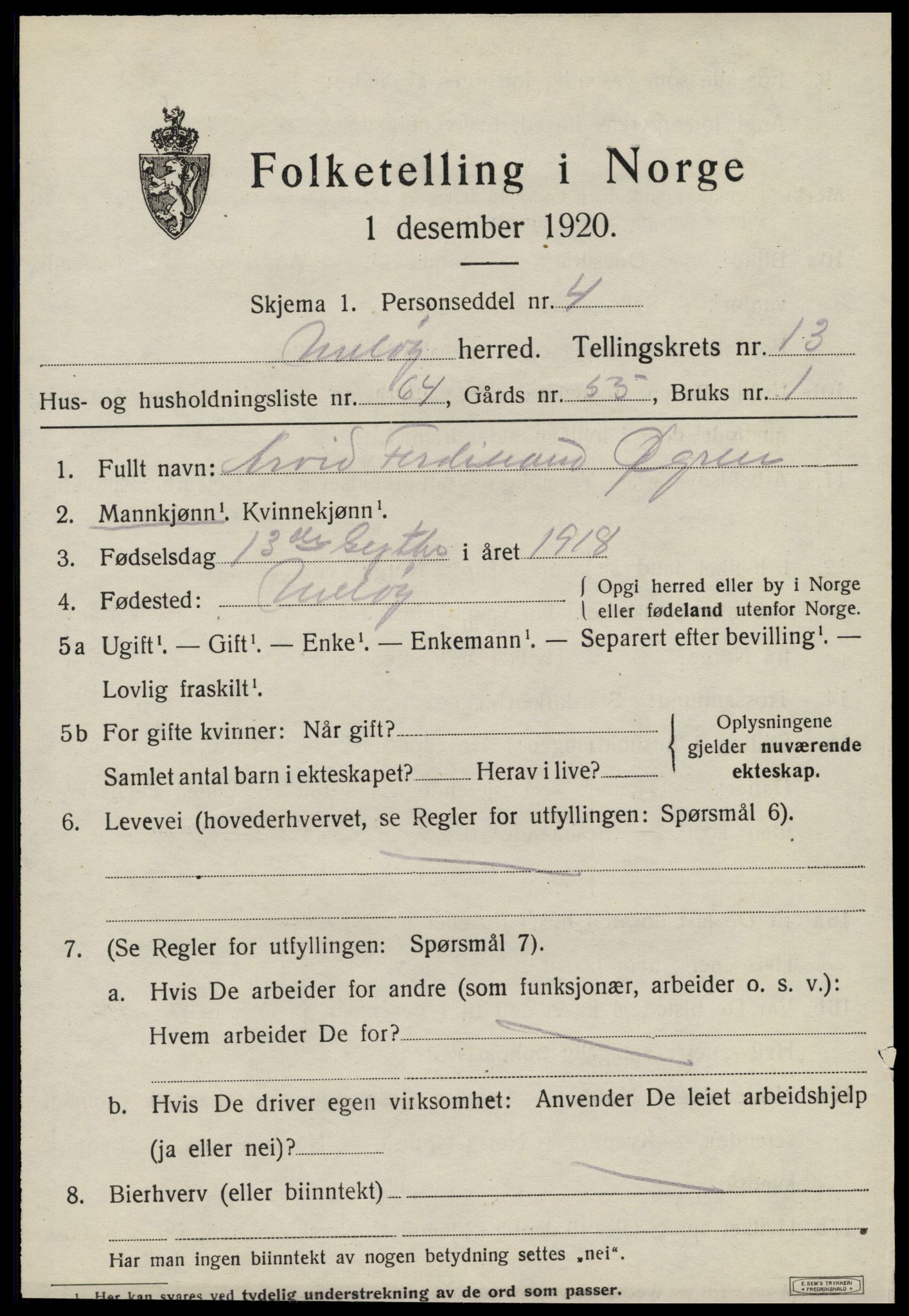 SAT, 1920 census for Meløy, 1920, p. 9145