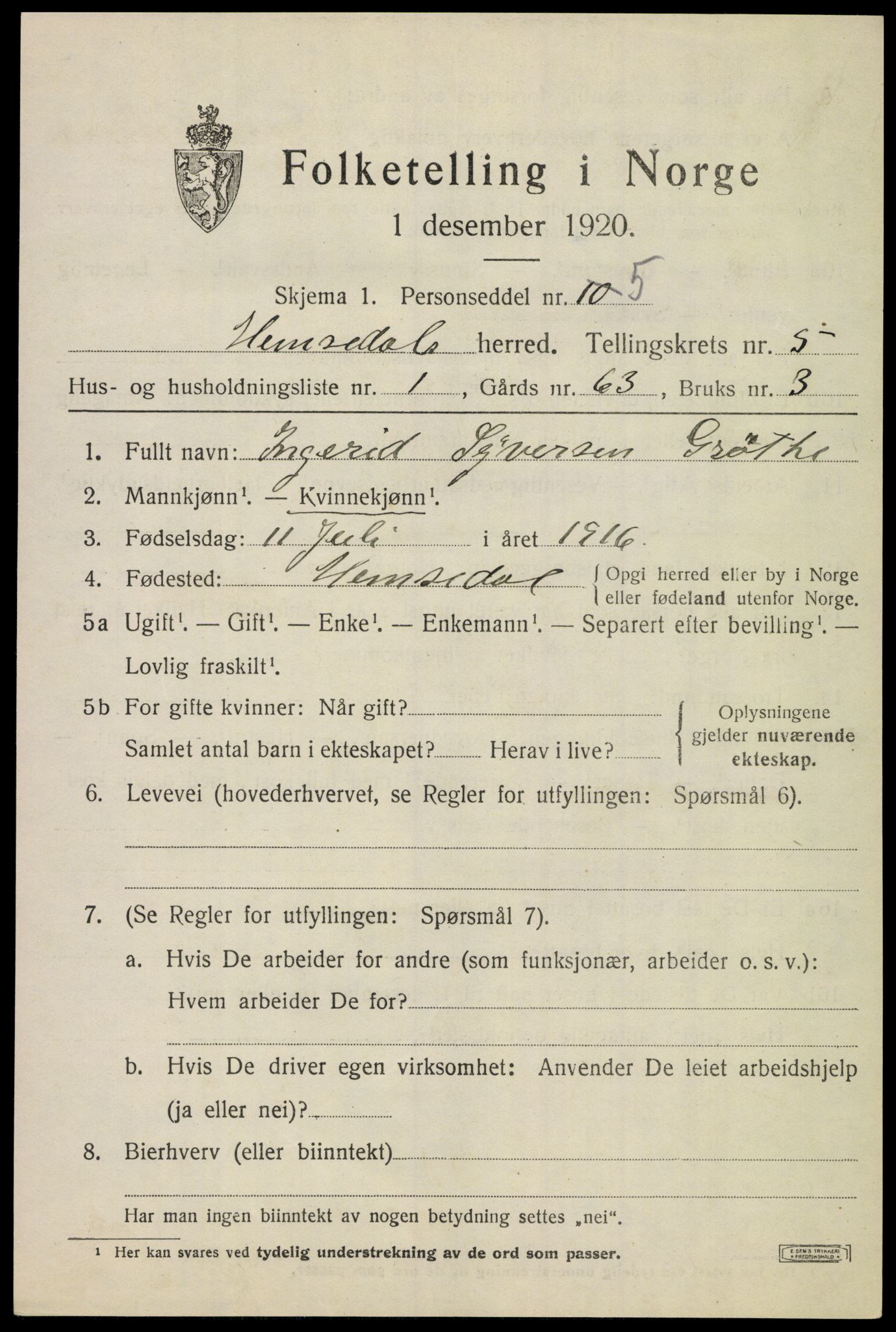 SAKO, 1920 census for Hemsedal, 1920, p. 1748