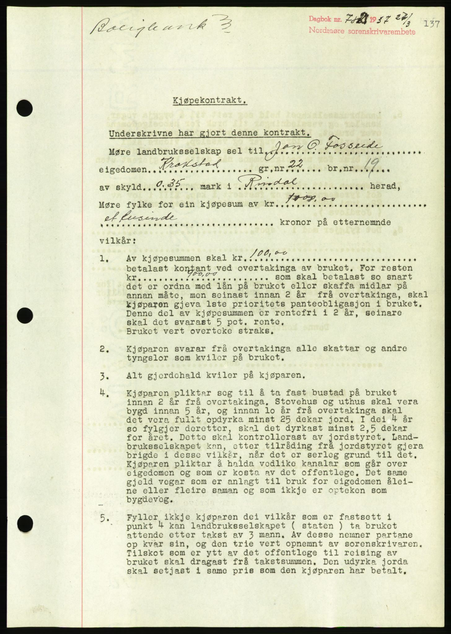 Nordmøre sorenskriveri, AV/SAT-A-4132/1/2/2Ca/L0091: Mortgage book no. B81, 1937-1937, Diary no: : 782/1937