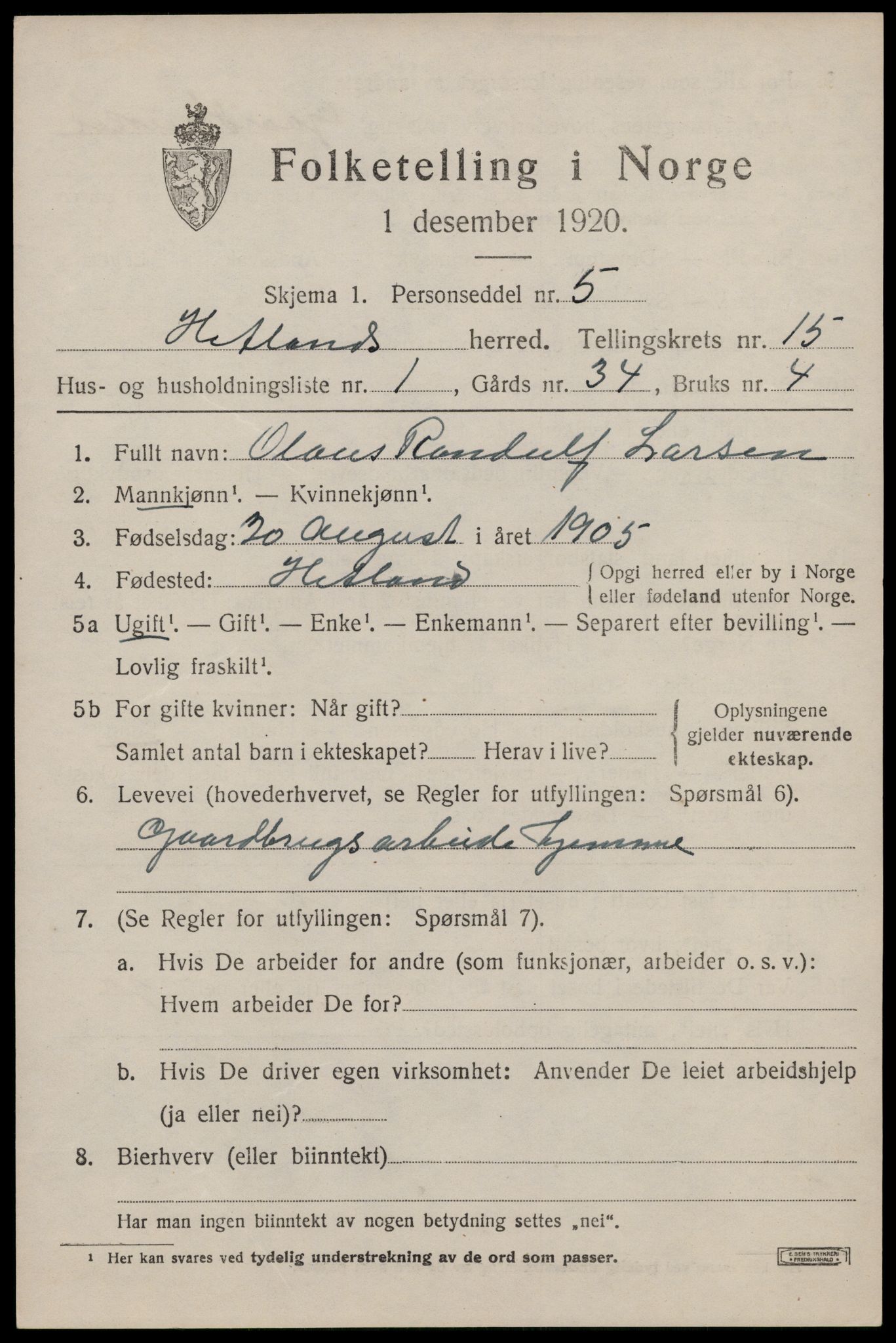 SAST, 1920 census for Hetland, 1920, p. 22815