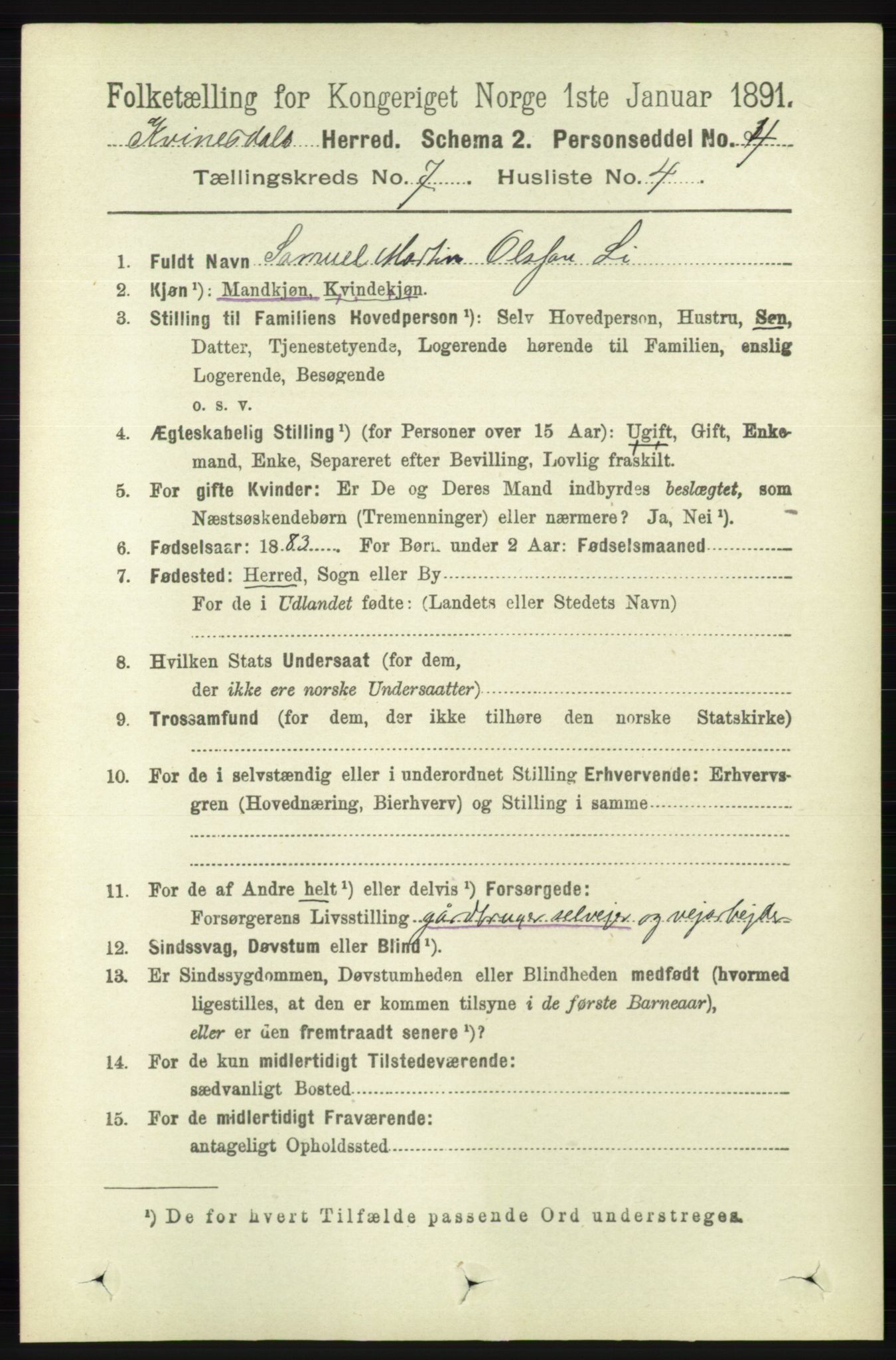 RA, 1891 census for 1037 Kvinesdal, 1891, p. 2442