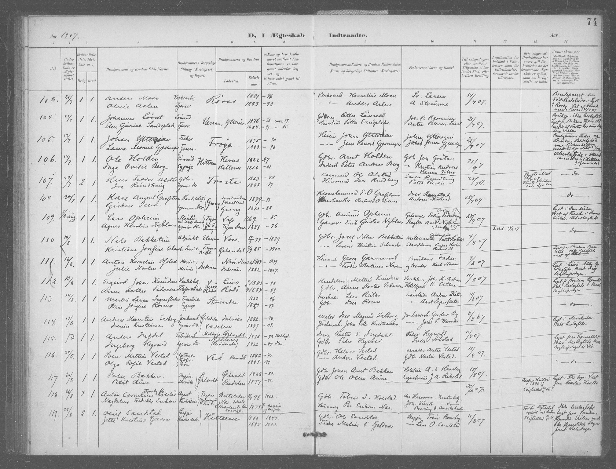 Ministerialprotokoller, klokkerbøker og fødselsregistre - Sør-Trøndelag, AV/SAT-A-1456/601/L0077: Curate's parish register no. 601B10, 1900-1907, p. 74