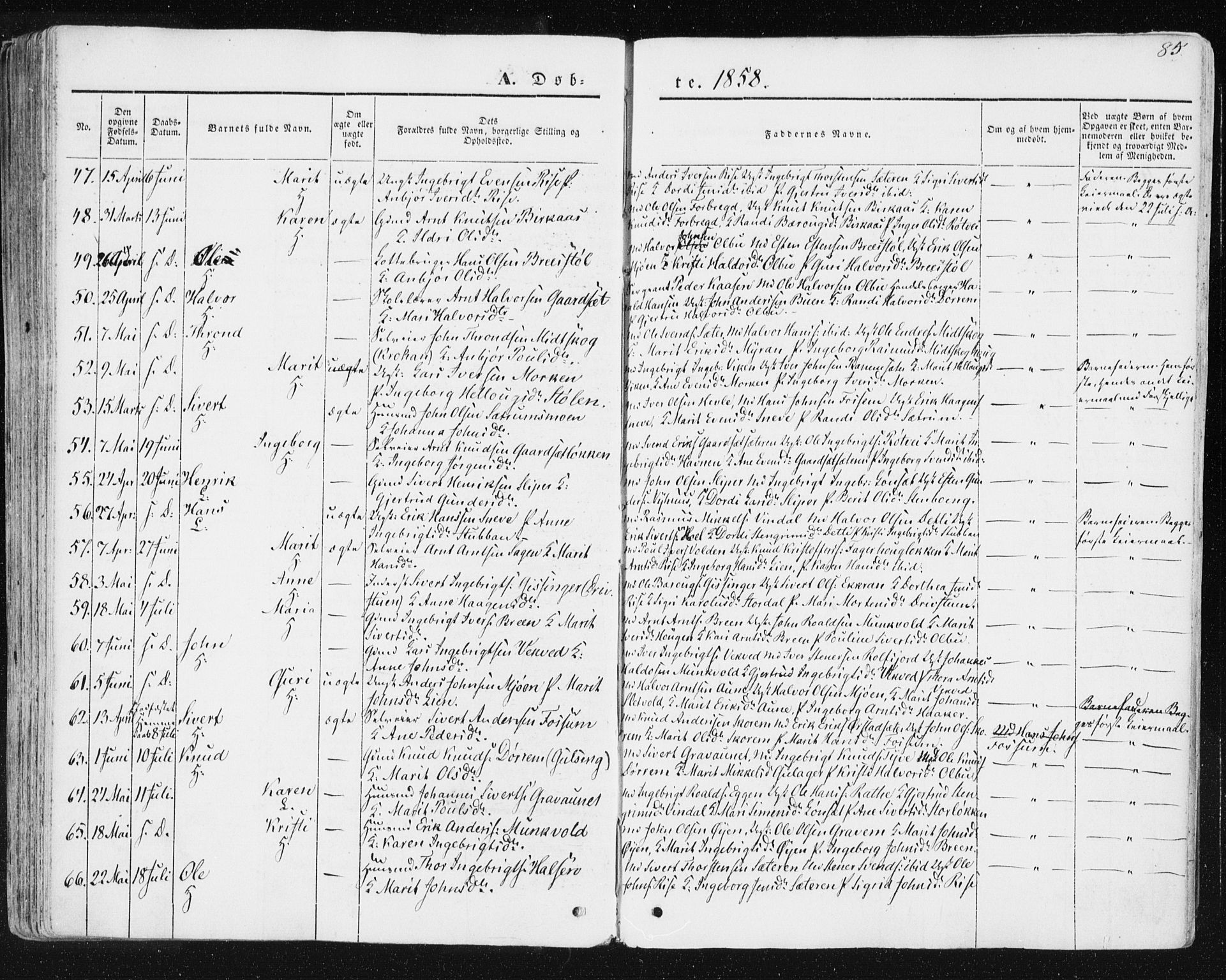 Ministerialprotokoller, klokkerbøker og fødselsregistre - Sør-Trøndelag, SAT/A-1456/678/L0899: Parish register (official) no. 678A08, 1848-1872, p. 85