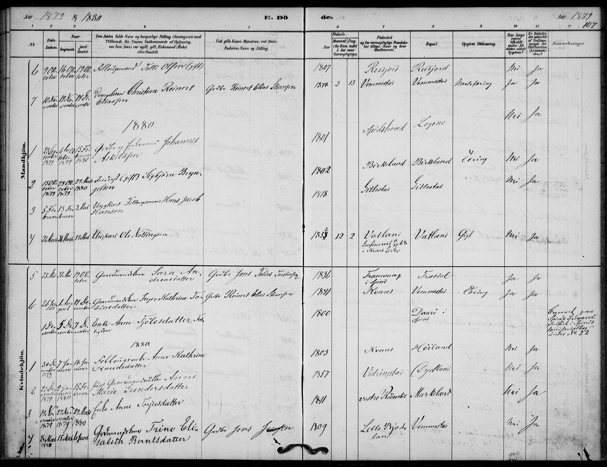 Lyngdal sokneprestkontor, SAK/1111-0029/F/Fa/Fab/L0003: Parish register (official) no. A 3, 1878-1903, p. 107