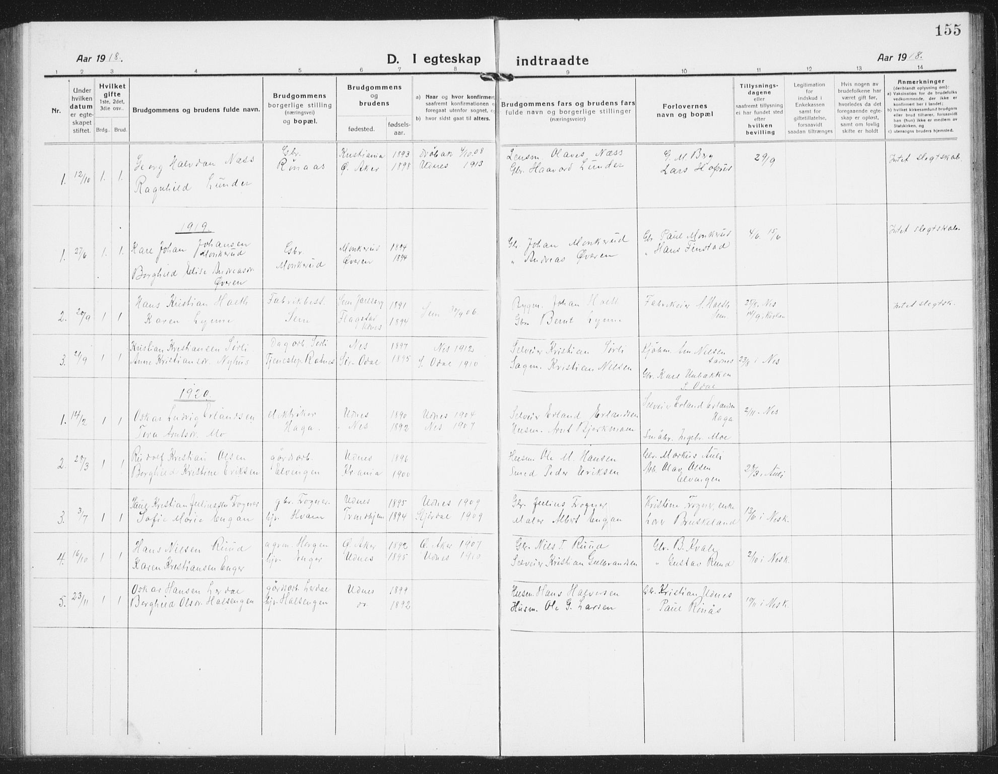 Nes prestekontor Kirkebøker, AV/SAO-A-10410/G/Gb/L0002: Parish register (copy) no. II 2, 1918-1942, p. 155