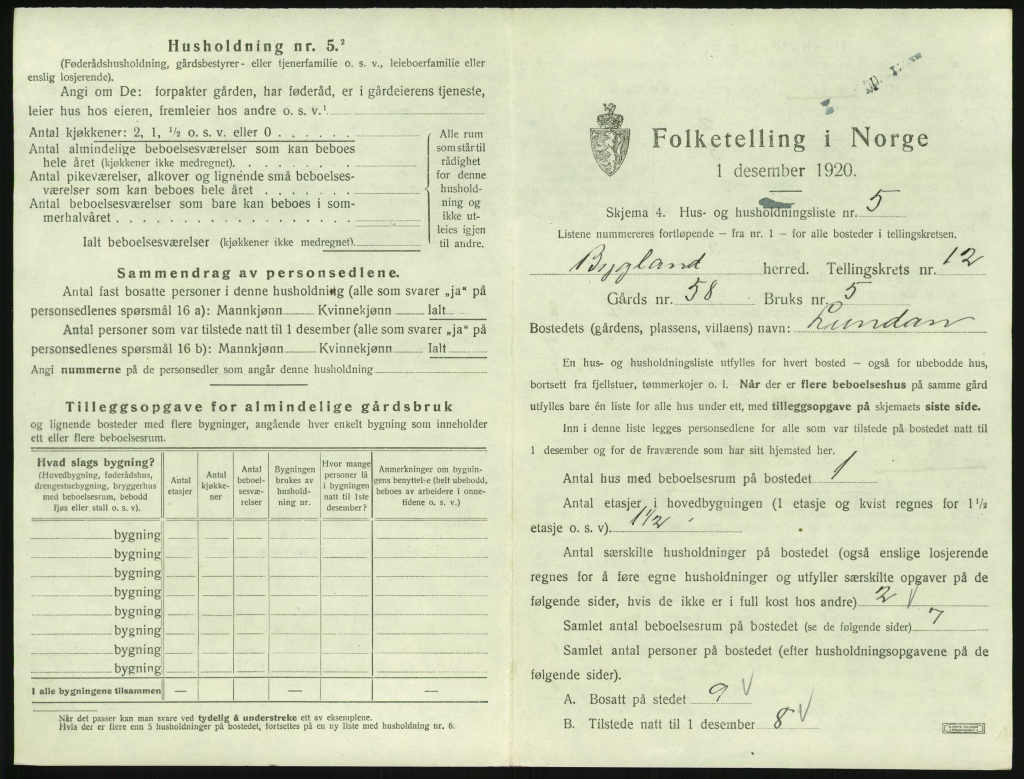 SAK, 1920 census for Bygland, 1920, p. 719