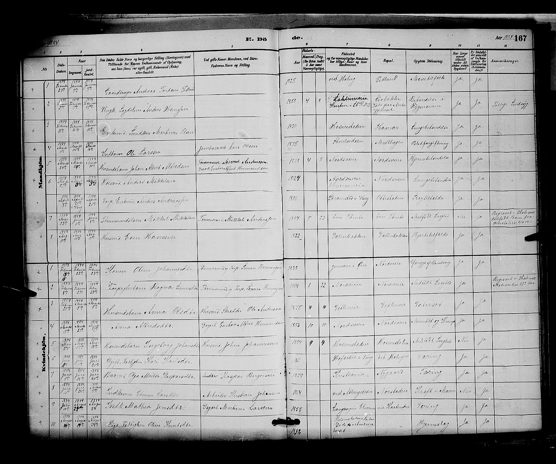 Stange prestekontor, AV/SAH-PREST-002/L/L0007: Parish register (copy) no. 7, 1880-1893, p. 167