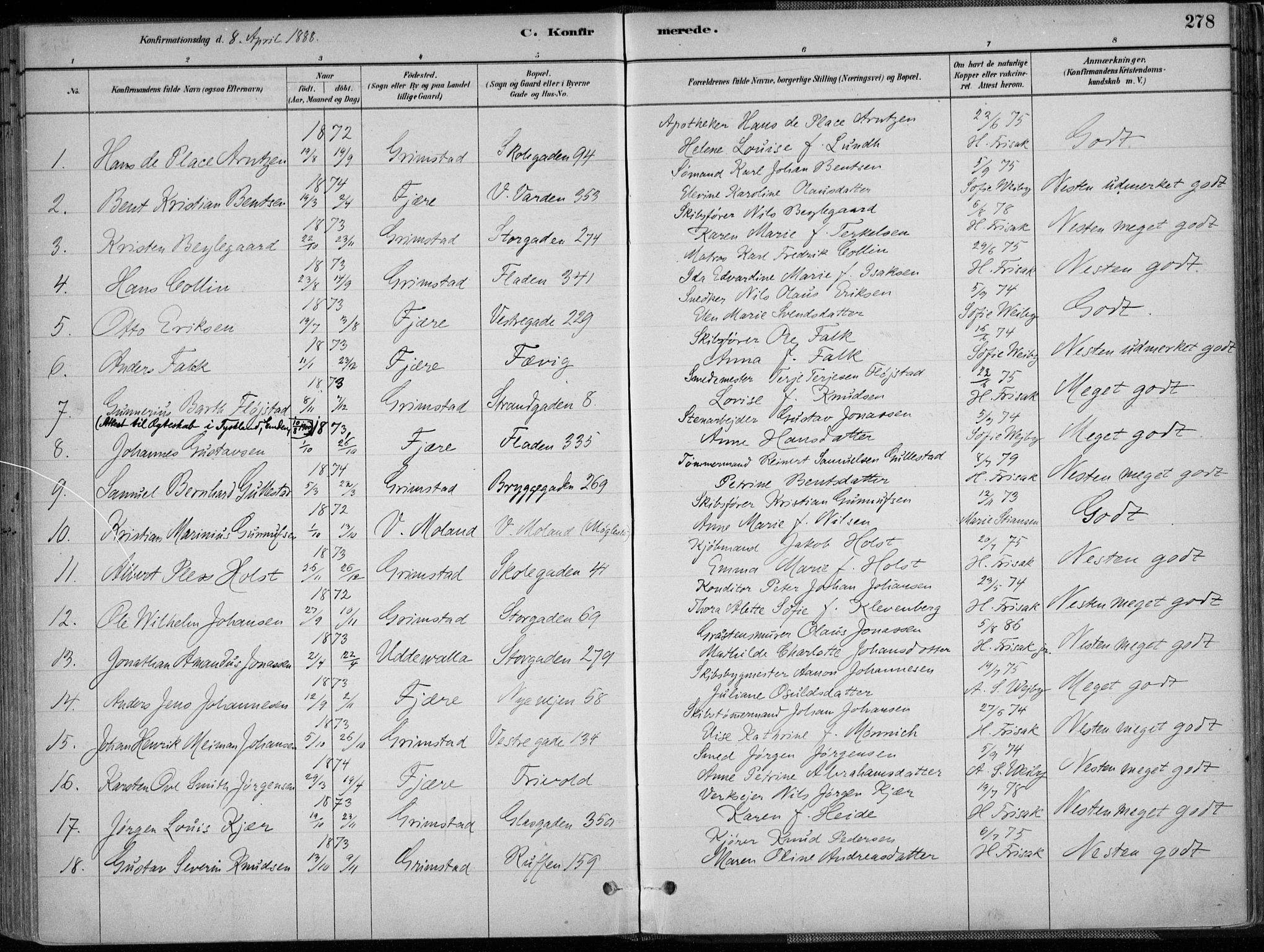 Grimstad sokneprestkontor, SAK/1111-0017/F/Fa/L0003: Parish register (official) no. A 2, 1882-1912, p. 278