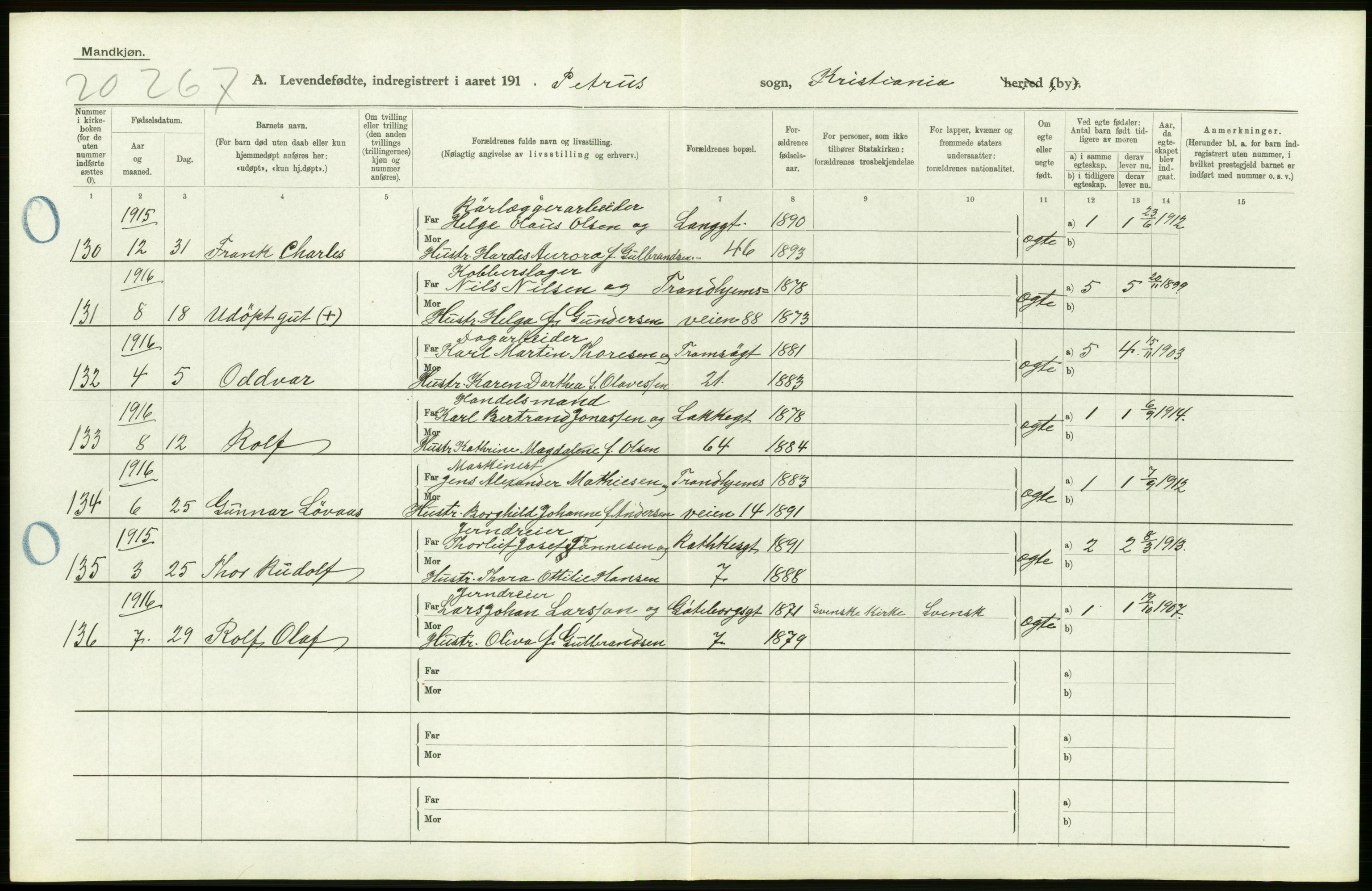 Statistisk sentralbyrå, Sosiodemografiske emner, Befolkning, AV/RA-S-2228/D/Df/Dfb/Dfbf/L0006: Kristiania: Levendefødte menn og kvinner., 1916, p. 576