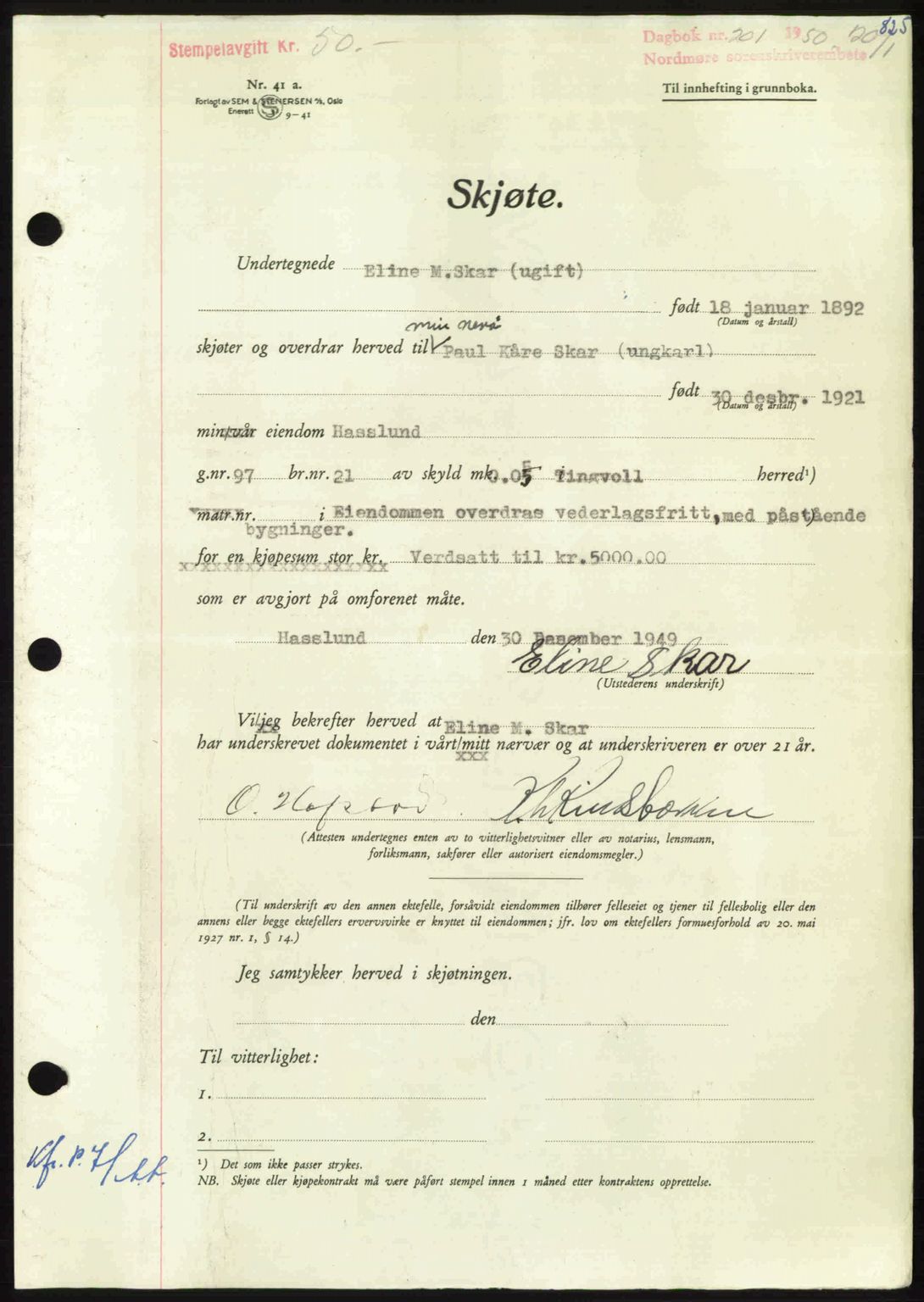 Nordmøre sorenskriveri, AV/SAT-A-4132/1/2/2Ca: Mortgage book no. A113, 1949-1950, Diary no: : 201/1950