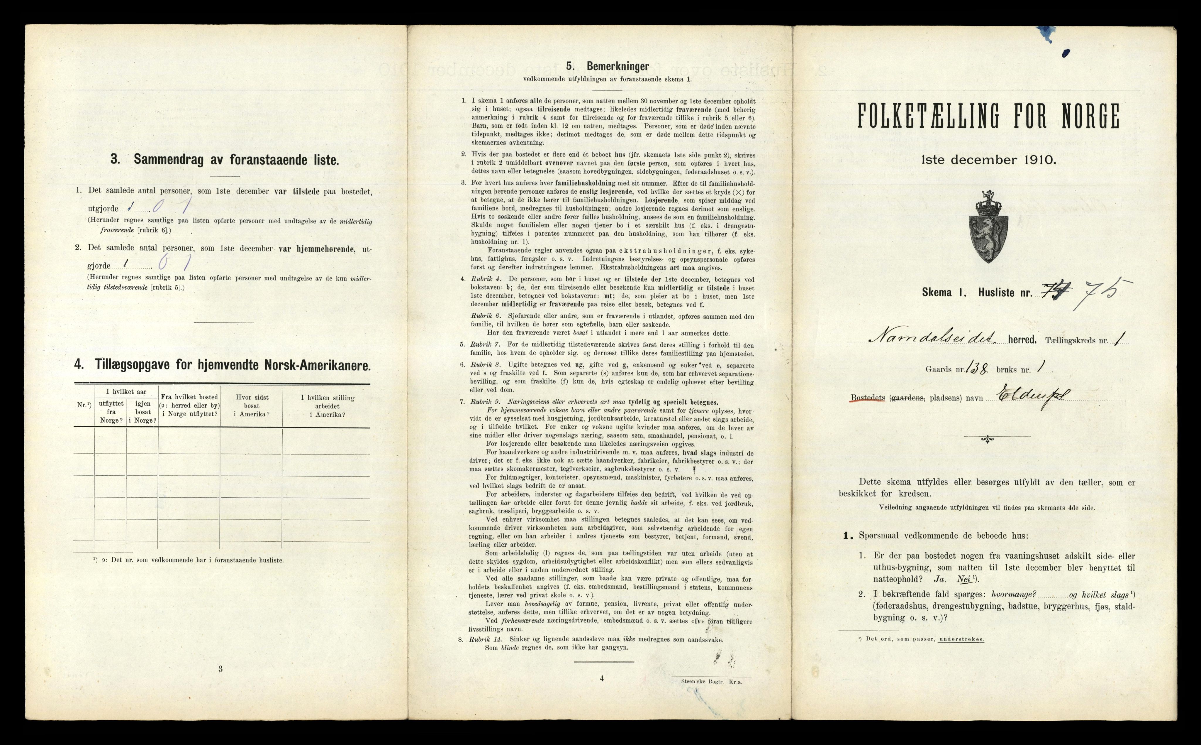 RA, 1910 census for Namdalseid, 1910, p. 170