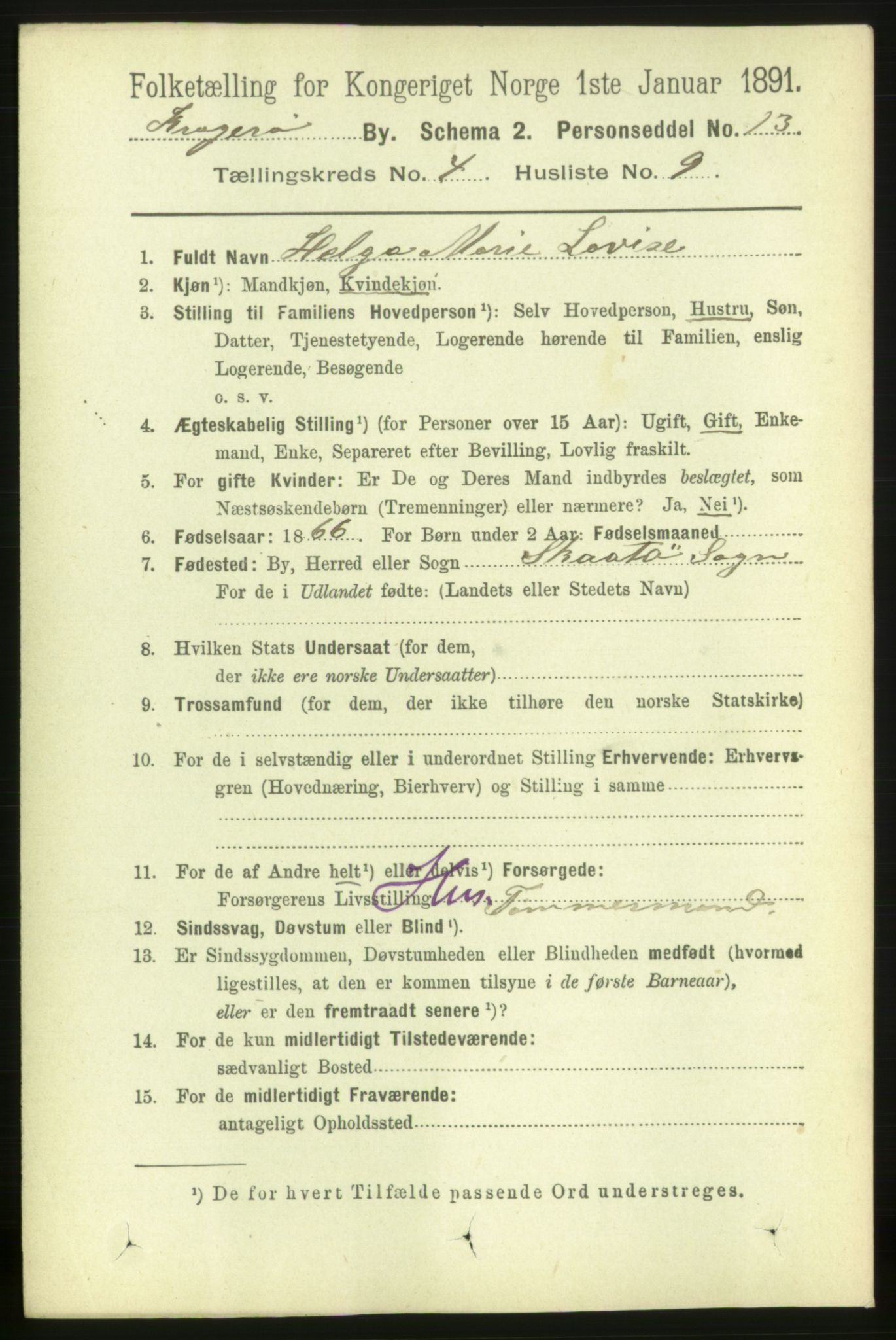 RA, 1891 census for 0801 Kragerø, 1891, p. 2883