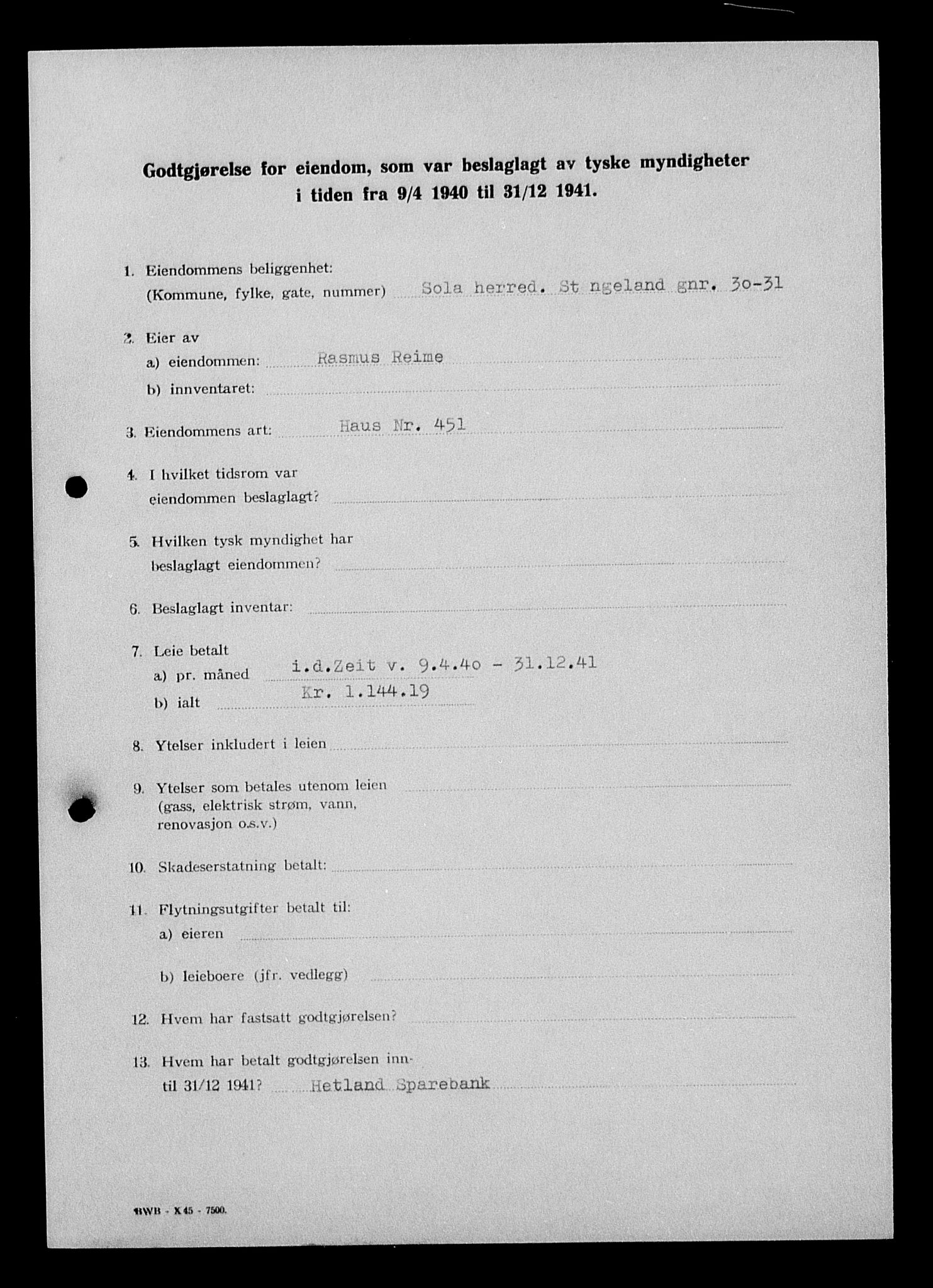 Justisdepartementet, Tilbakeføringskontoret for inndratte formuer, AV/RA-S-1564/I/L1015: Godtgjørelse for beslaglagt eiendom, 1940-1941, p. 97