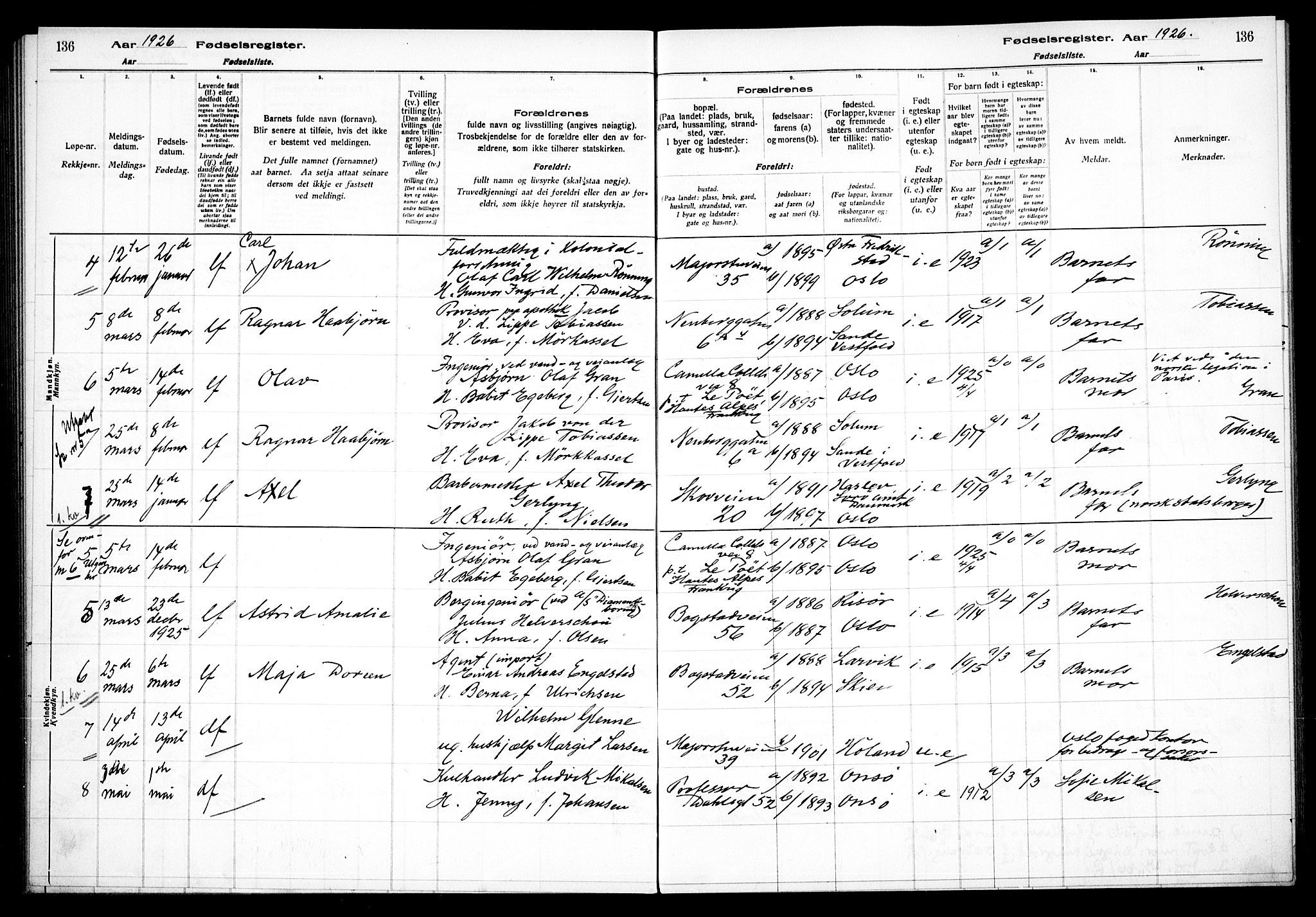 Uranienborg prestekontor Kirkebøker, AV/SAO-A-10877/J/Ja/L0001: Birth register no. 1, 1916-1930, p. 136