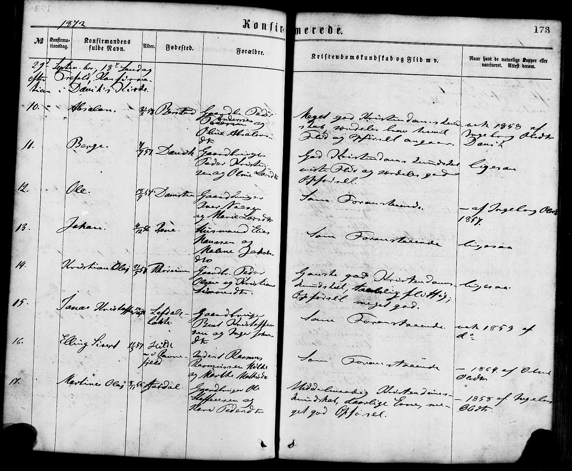 Davik sokneprestembete, AV/SAB-A-79701/H/Haa/Haaa/L0006: Parish register (official) no. A 6, 1867-1881, p. 173