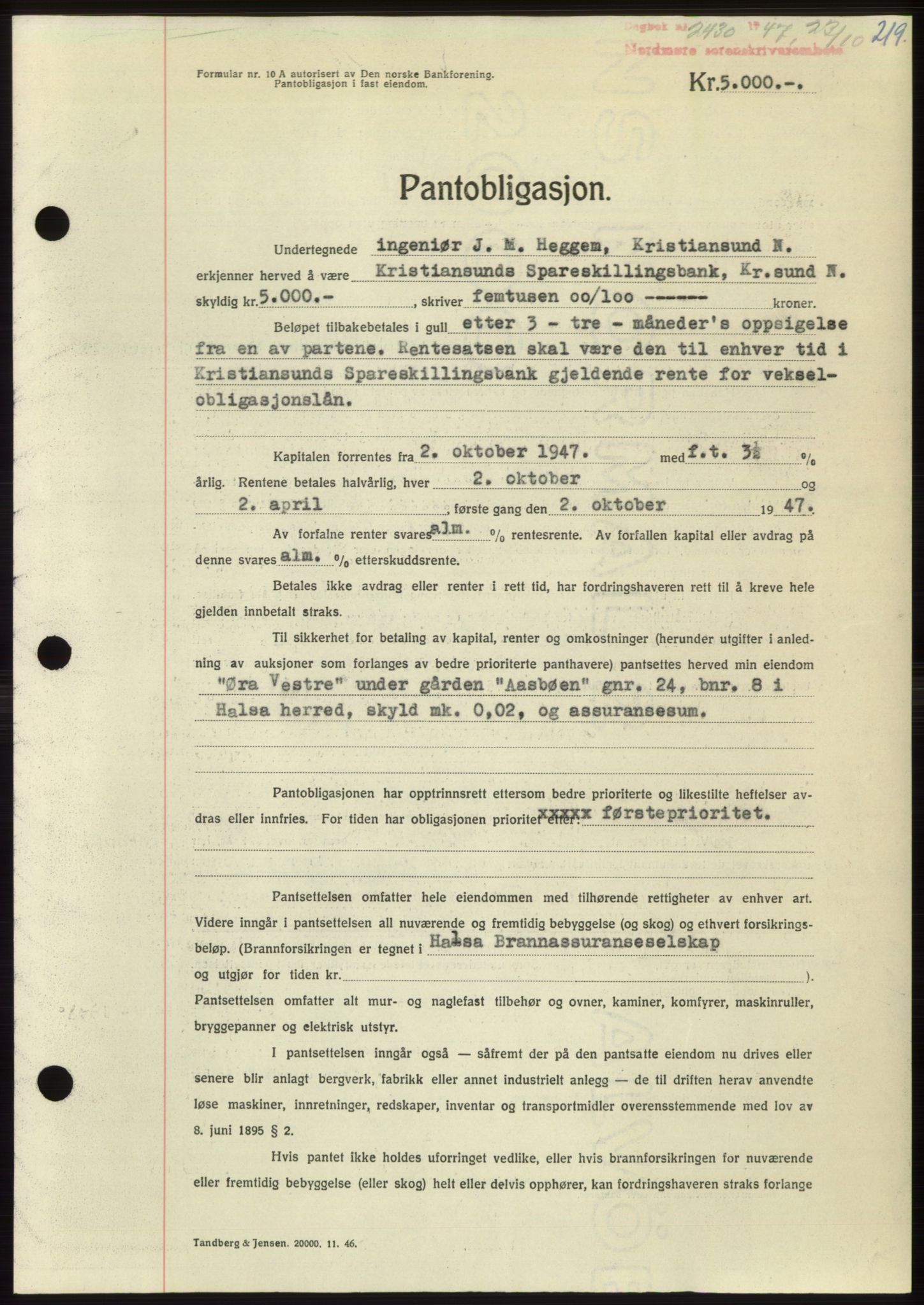 Nordmøre sorenskriveri, AV/SAT-A-4132/1/2/2Ca: Mortgage book no. B97, 1947-1948, Diary no: : 2430/1947