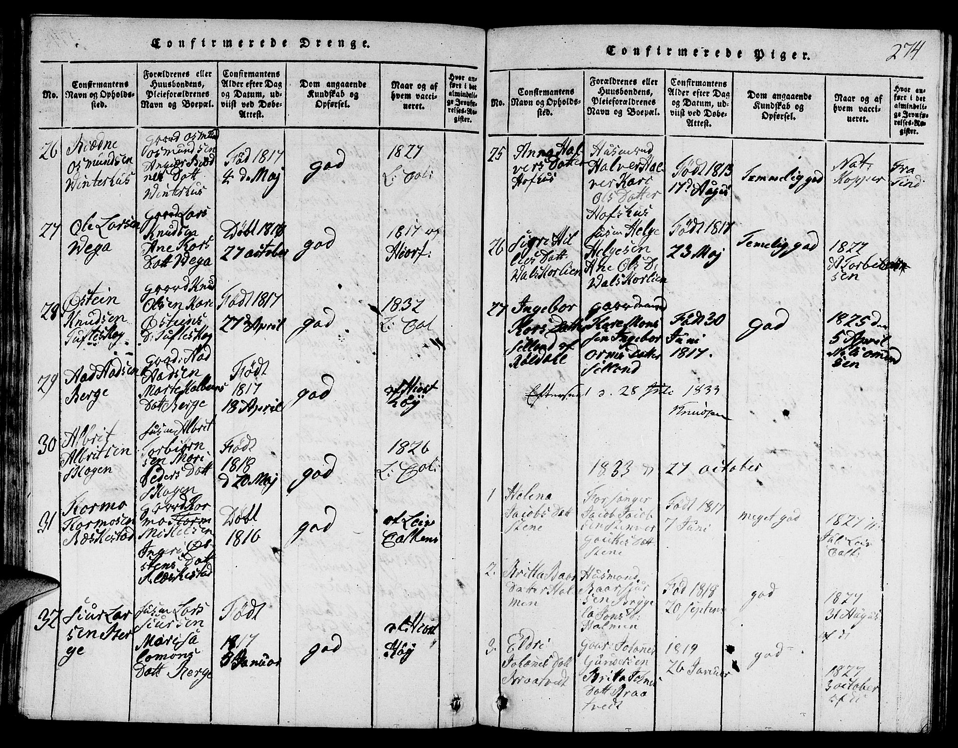 Suldal sokneprestkontor, SAST/A-101845/01/V/L0001: Parish register (copy) no. B 1, 1816-1836, p. 274