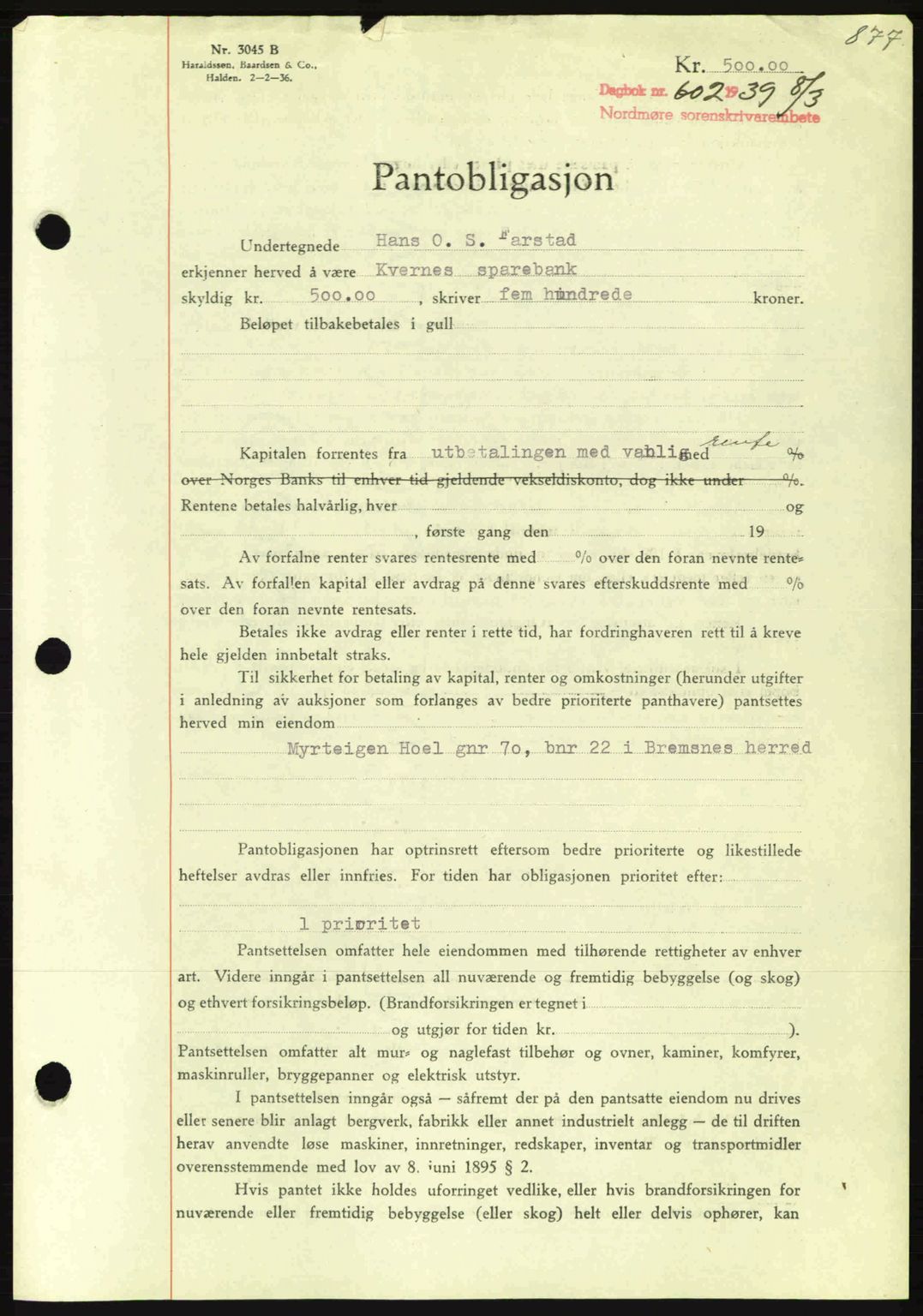 Nordmøre sorenskriveri, SAT/A-4132/1/2/2Ca: Mortgage book no. B84, 1938-1939, Diary no: : 602/1939