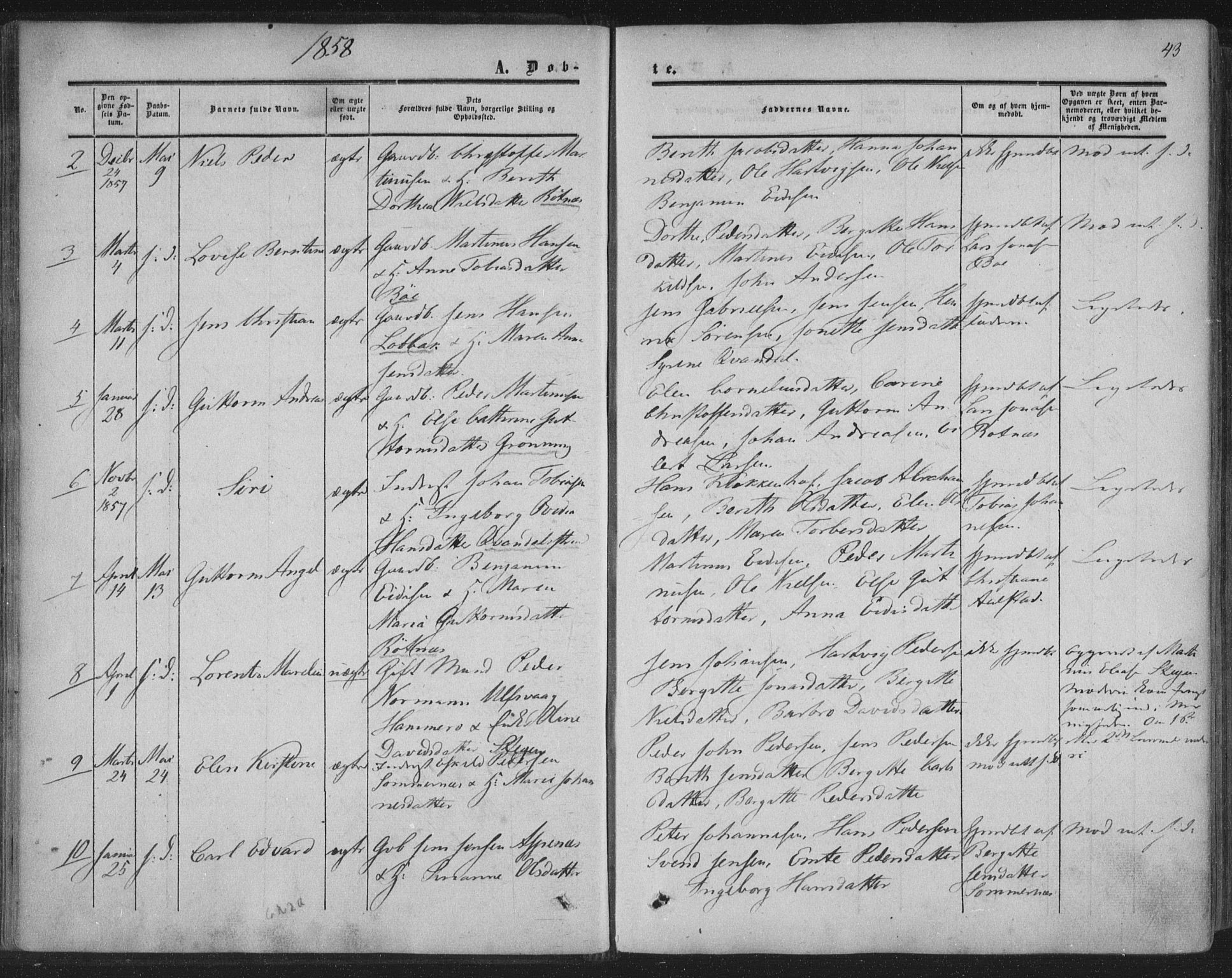 Ministerialprotokoller, klokkerbøker og fødselsregistre - Nordland, AV/SAT-A-1459/855/L0800: Parish register (official) no. 855A08, 1852-1864, p. 43