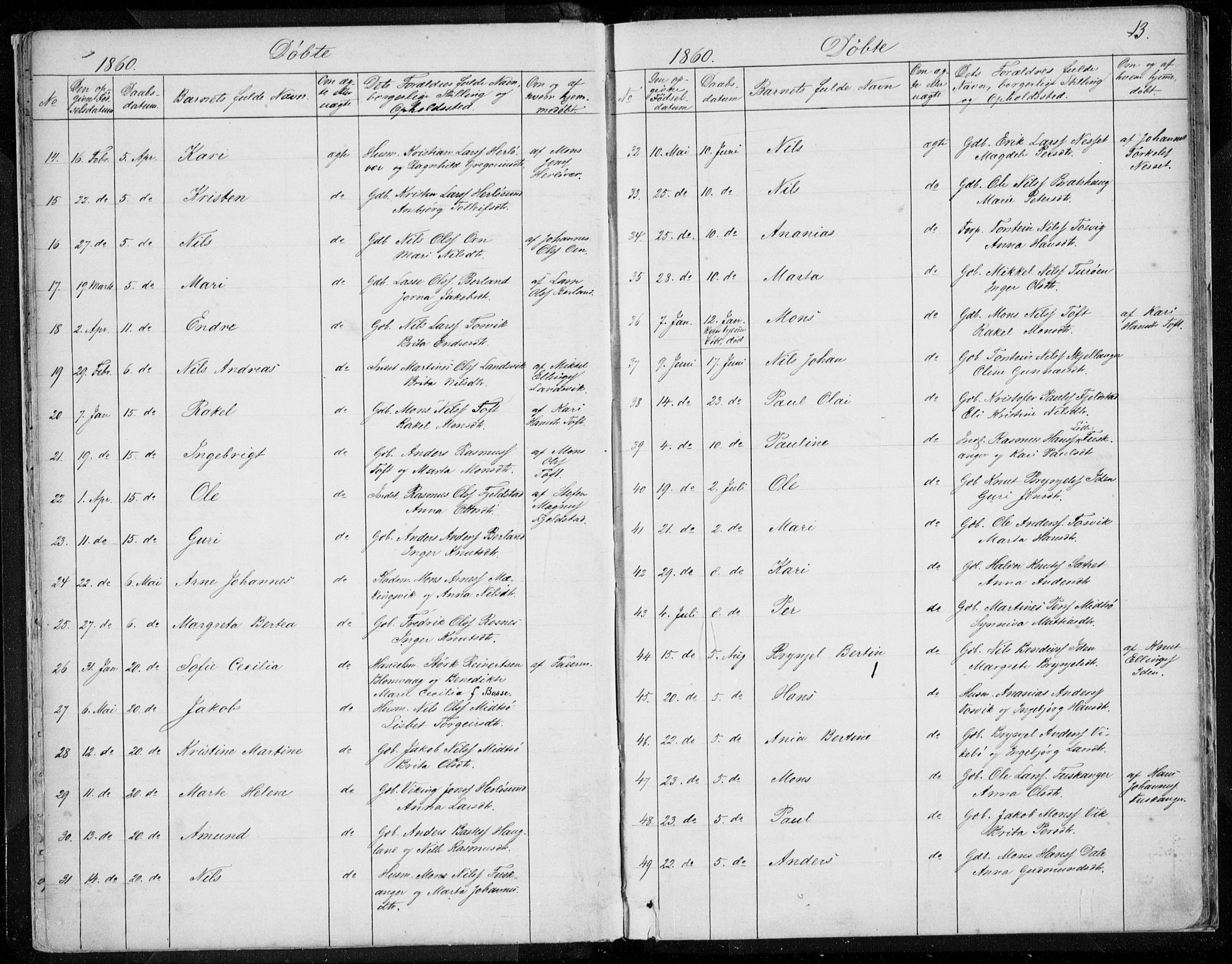 Herdla Sokneprestembete, AV/SAB-A-75701/H/Haa: Parish register (official) no. A 1, 1855-1869, p. 13