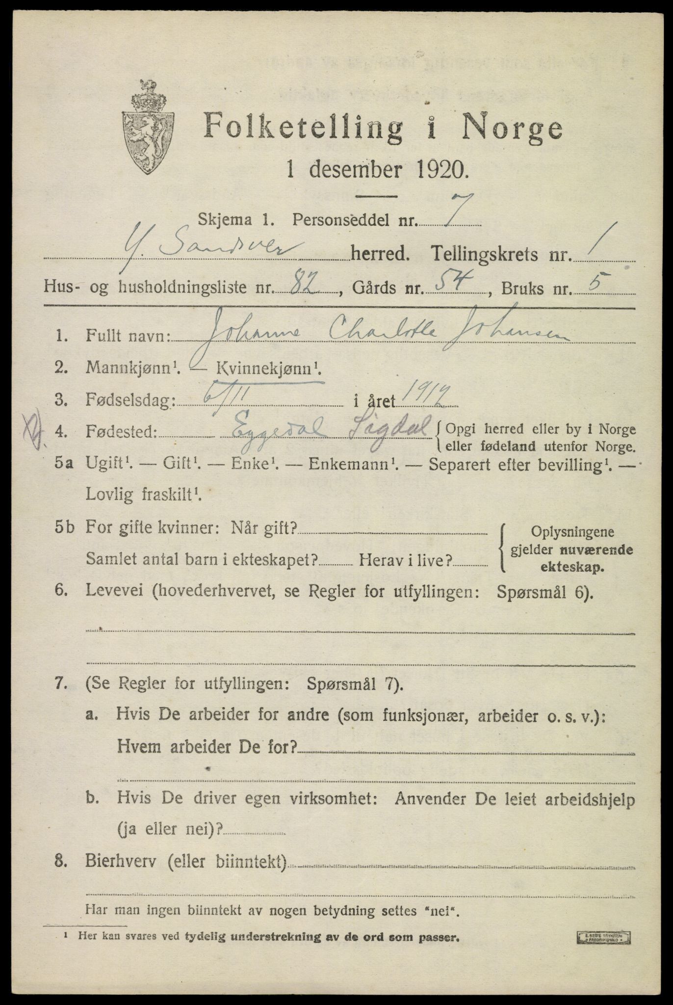 SAKO, 1920 census for Ytre Sandsvær, 1920, p. 2080