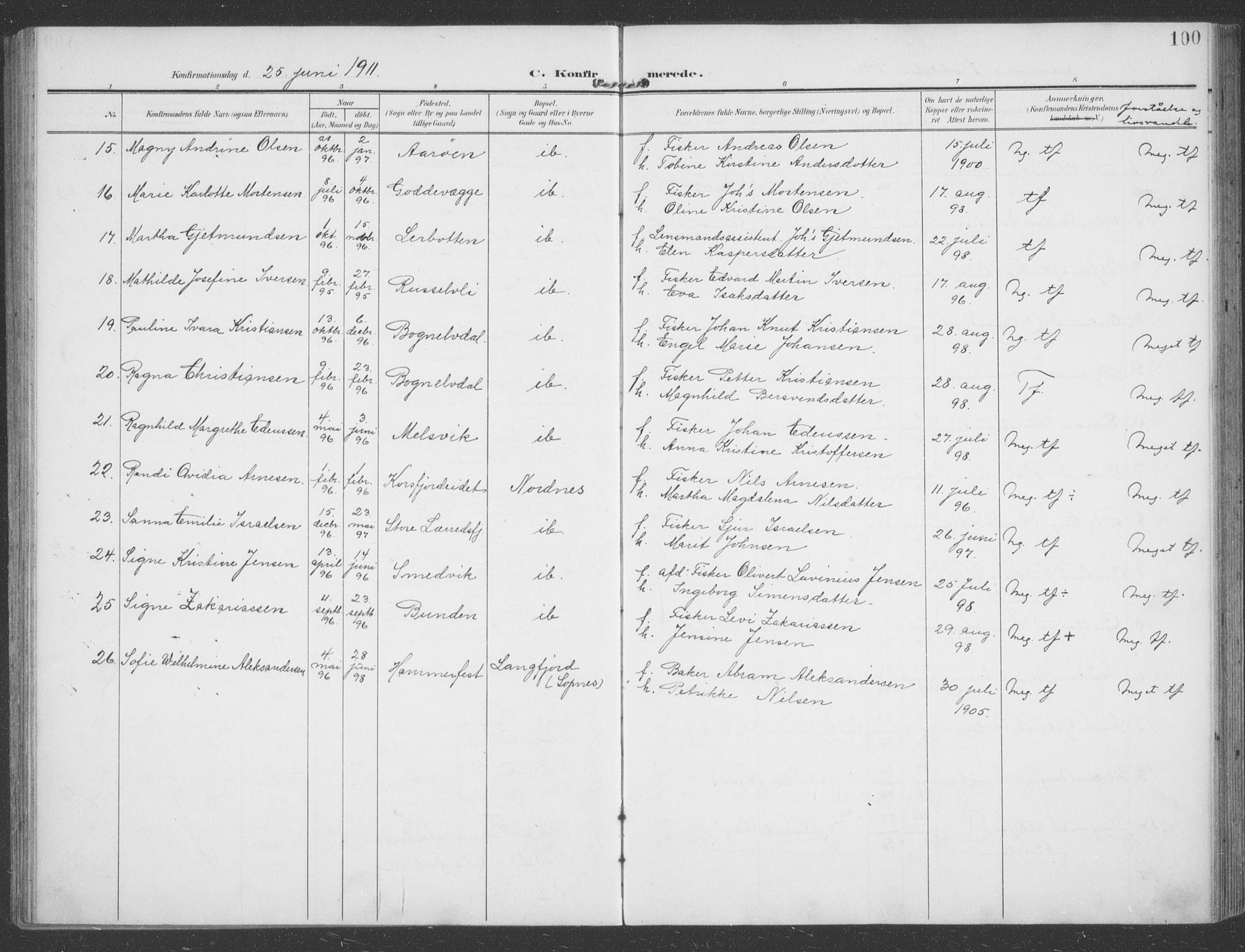 Talvik sokneprestkontor, SATØ/S-1337/H/Ha/L0017kirke: Parish register (official) no. 17, 1906-1915, p. 100