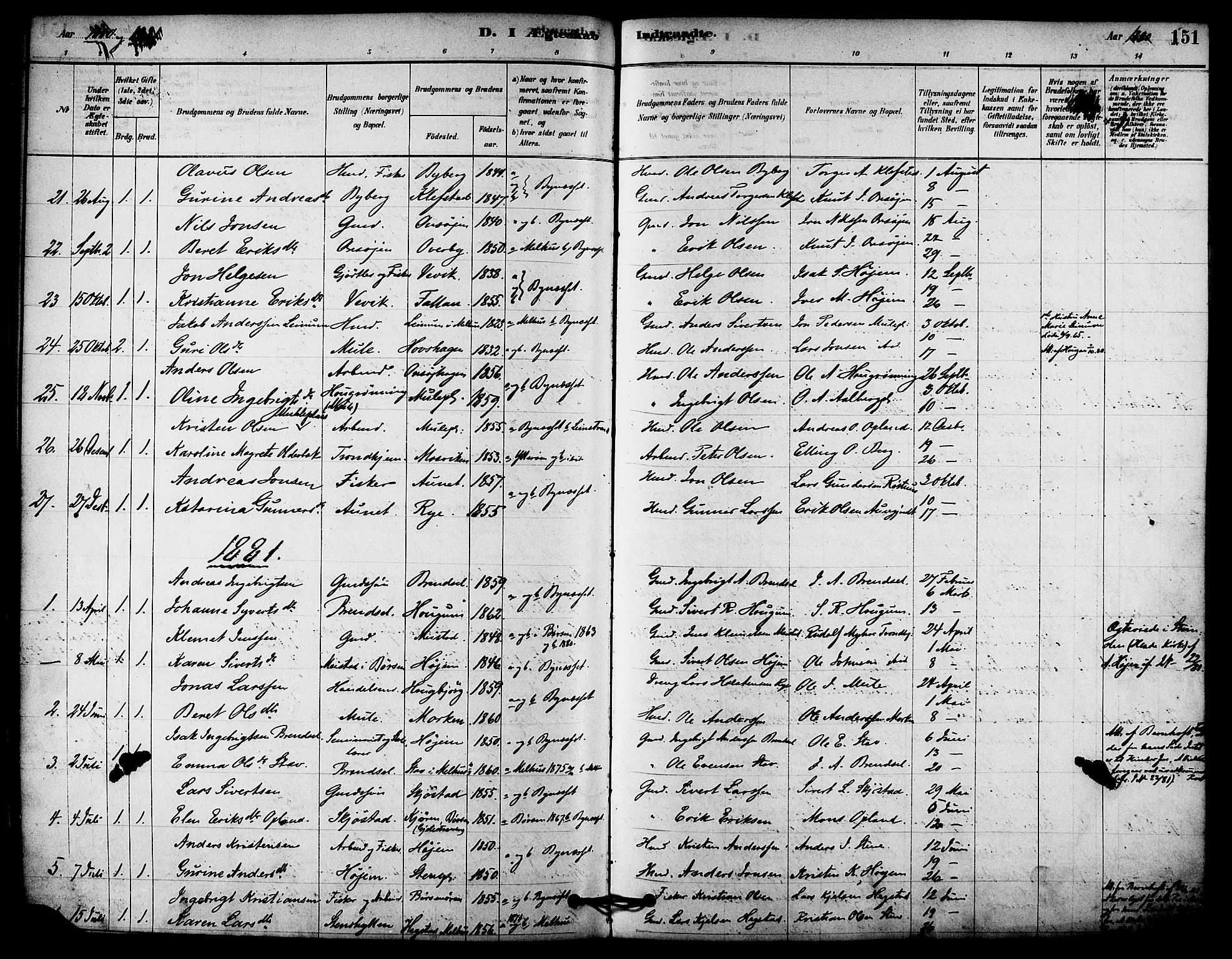 Ministerialprotokoller, klokkerbøker og fødselsregistre - Sør-Trøndelag, SAT/A-1456/612/L0378: Parish register (official) no. 612A10, 1878-1897, p. 151