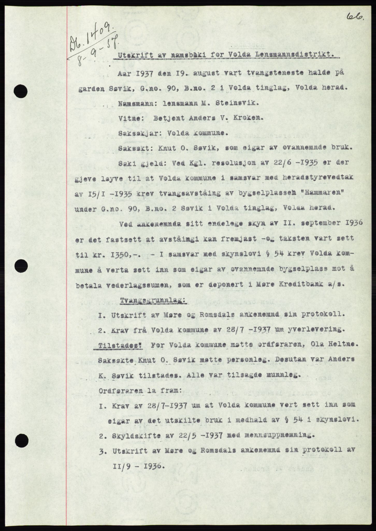 Søre Sunnmøre sorenskriveri, AV/SAT-A-4122/1/2/2C/L0064: Mortgage book no. 58, 1937-1938, Diary no: : 1409/1937