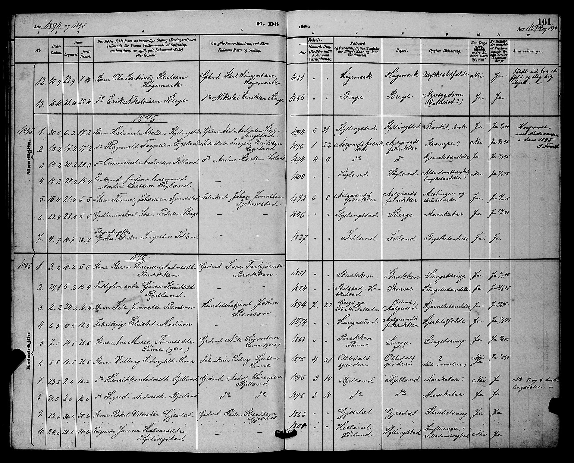 Lye sokneprestkontor, SAST/A-101794/001/30BB/L0008: Parish register (copy) no. B 7, 1887-1901, p. 161