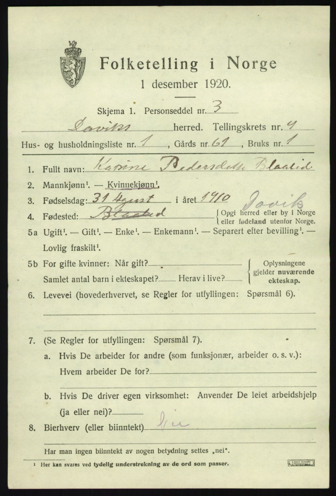 SAB, 1920 census for Davik, 1920, p. 4795