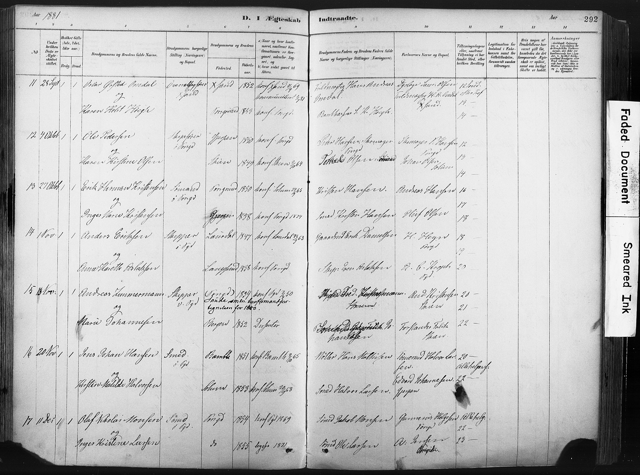 Porsgrunn kirkebøker , SAKO/A-104/F/Fa/L0008: Parish register (official) no. 8, 1878-1895, p. 292