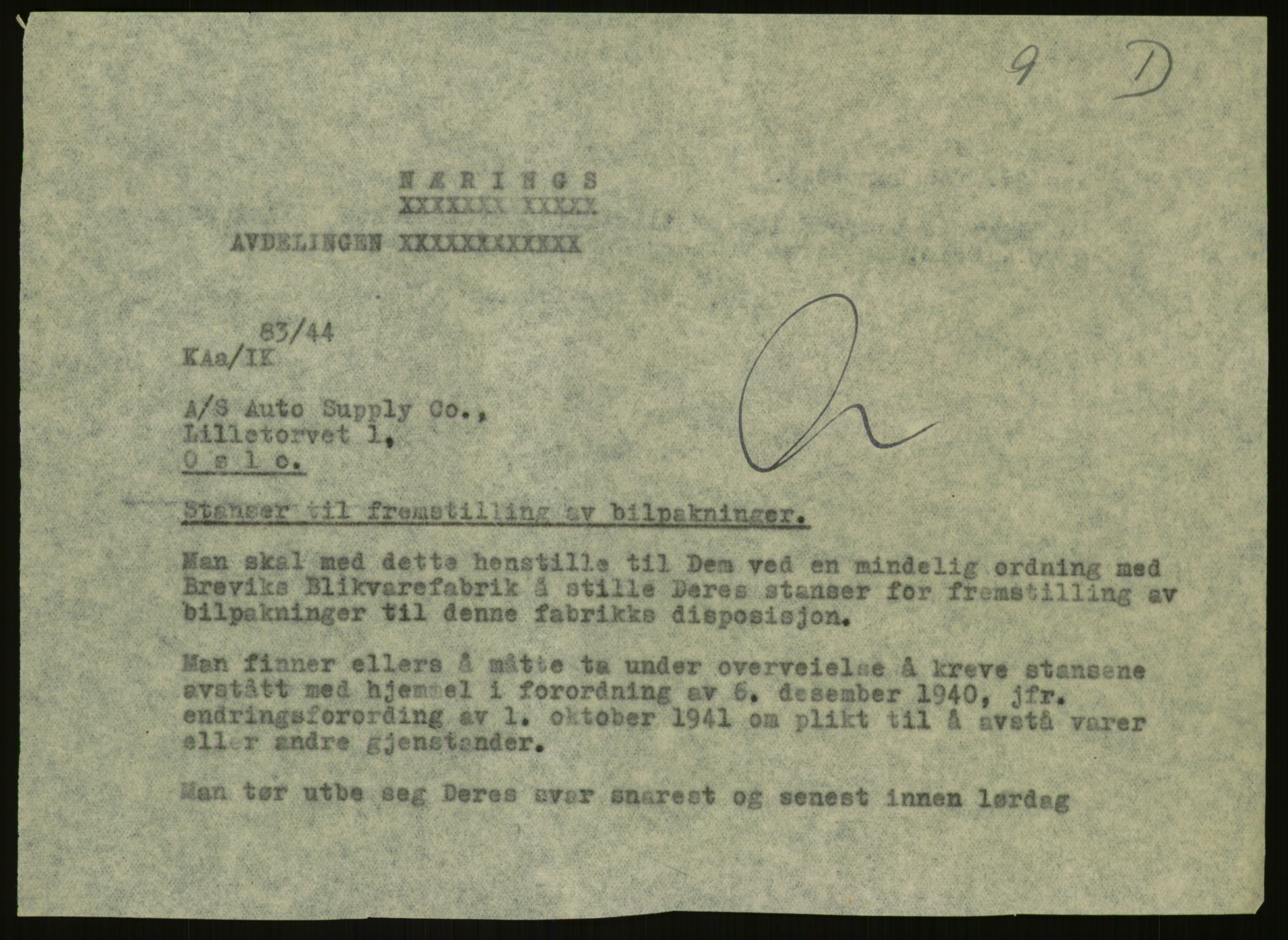 Direktoratet for industriforsyning, Sekretariatet, AV/RA-S-4153/D/Df/L0054: 9. Metallkontoret, 1940-1945, p. 437