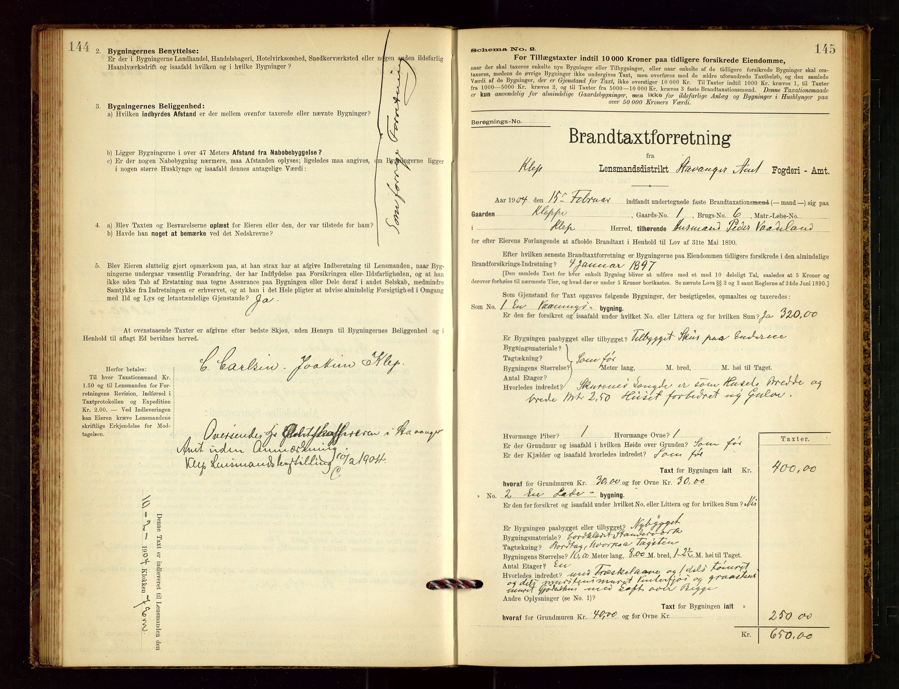 Klepp lensmannskontor, AV/SAST-A-100163/Goc/L0003: "Brandtaxationsprotokol" m/register, 1902-1907, p. 144-145