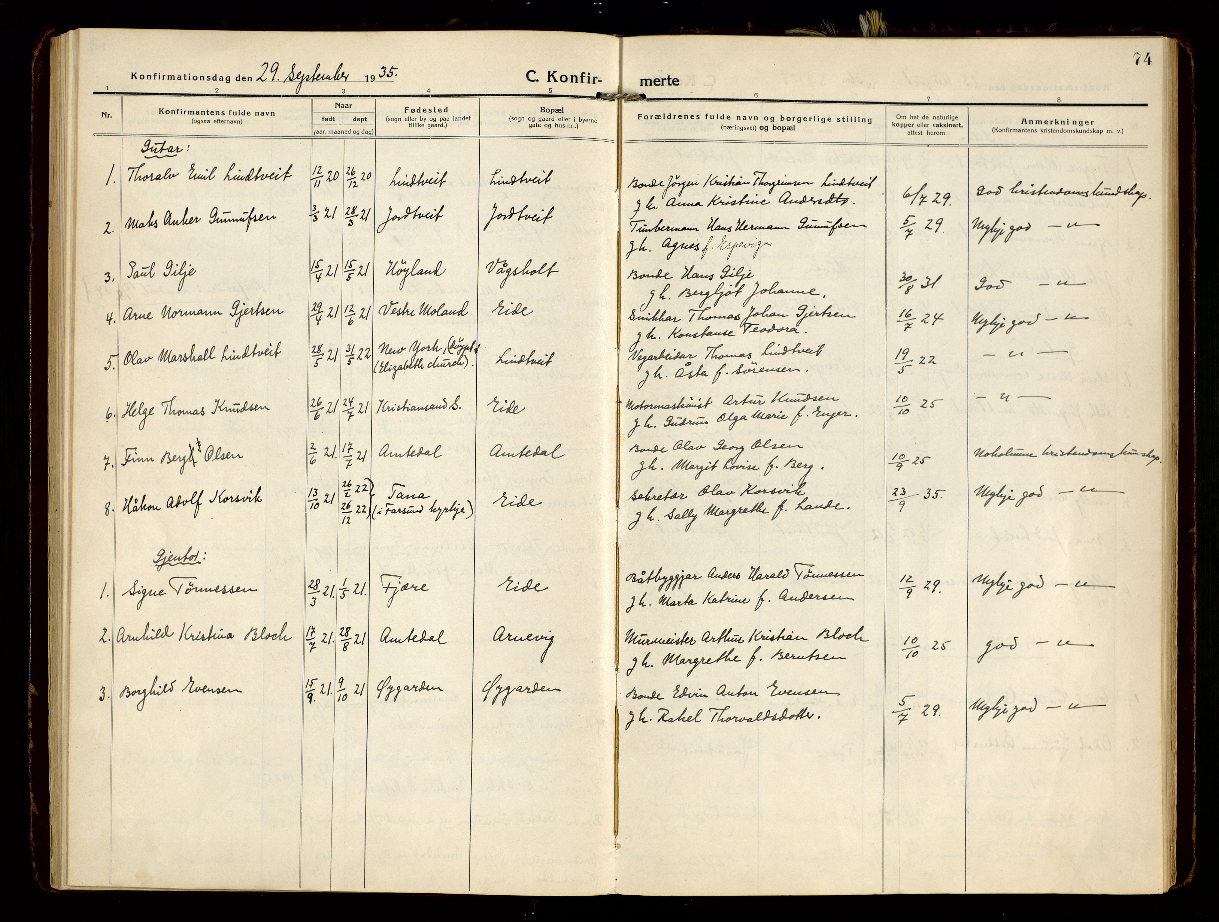 Hommedal sokneprestkontor, SAK/1111-0023/F/Fa/Faa/L0004: Parish register (official) no. A 4, 1916-1945, p. 74