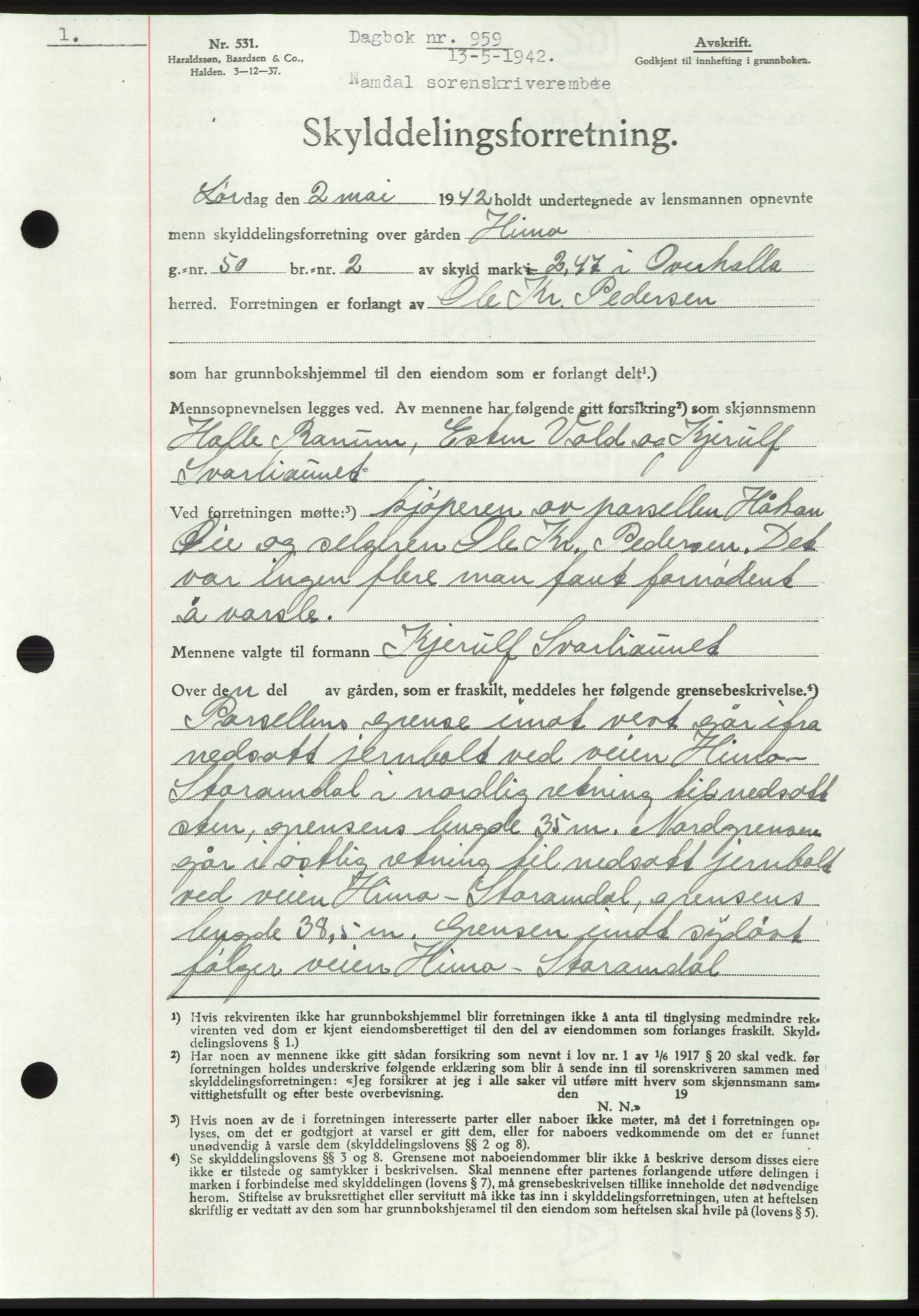 Namdal sorenskriveri, AV/SAT-A-4133/1/2/2C: Mortgage book no. -, 1941-1942, Diary no: : 959/1942