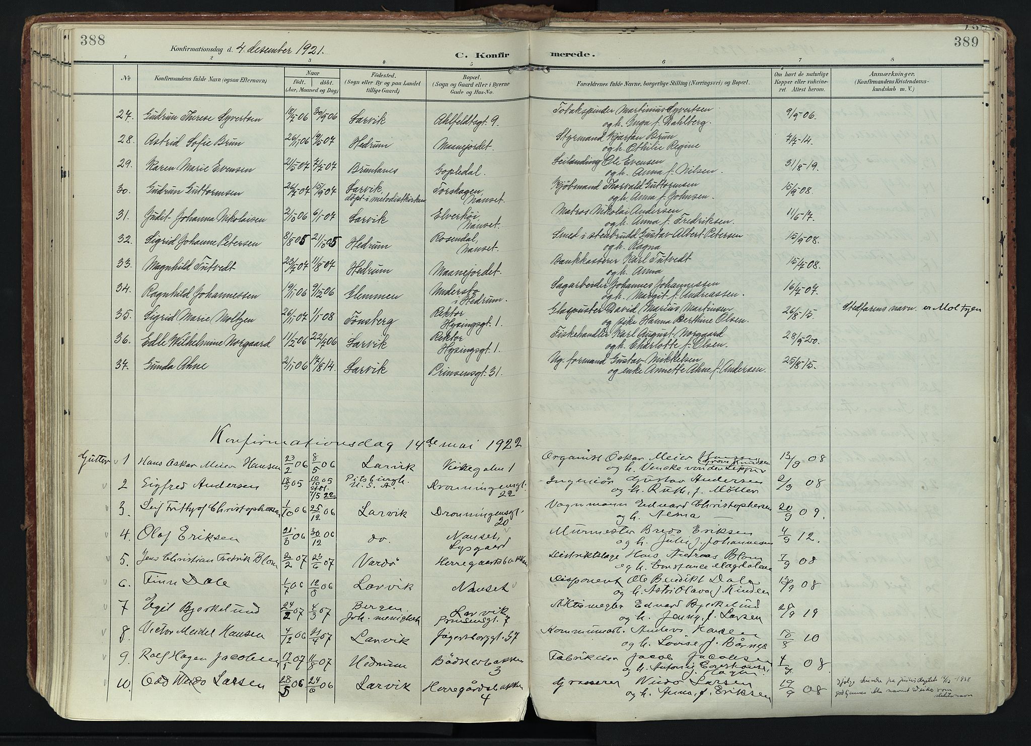 Larvik kirkebøker, SAKO/A-352/F/Fa/L0011: Parish register (official) no. I 11, 1902-1922, p. 388-389