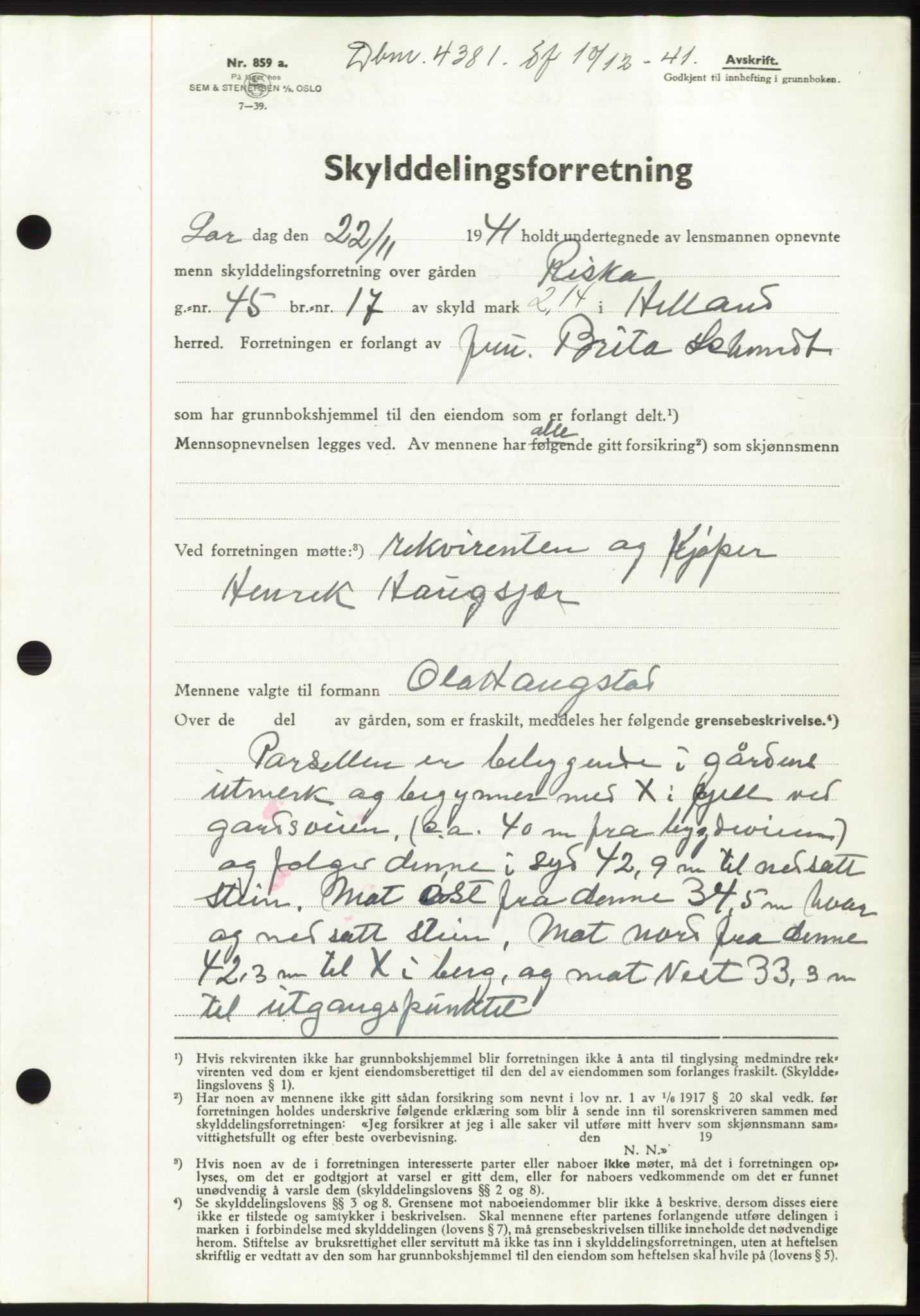 Jæren sorenskriveri, AV/SAST-A-100310/03/G/Gba/L0081: Mortgage book, 1941-1941, Diary no: : 4381/1941