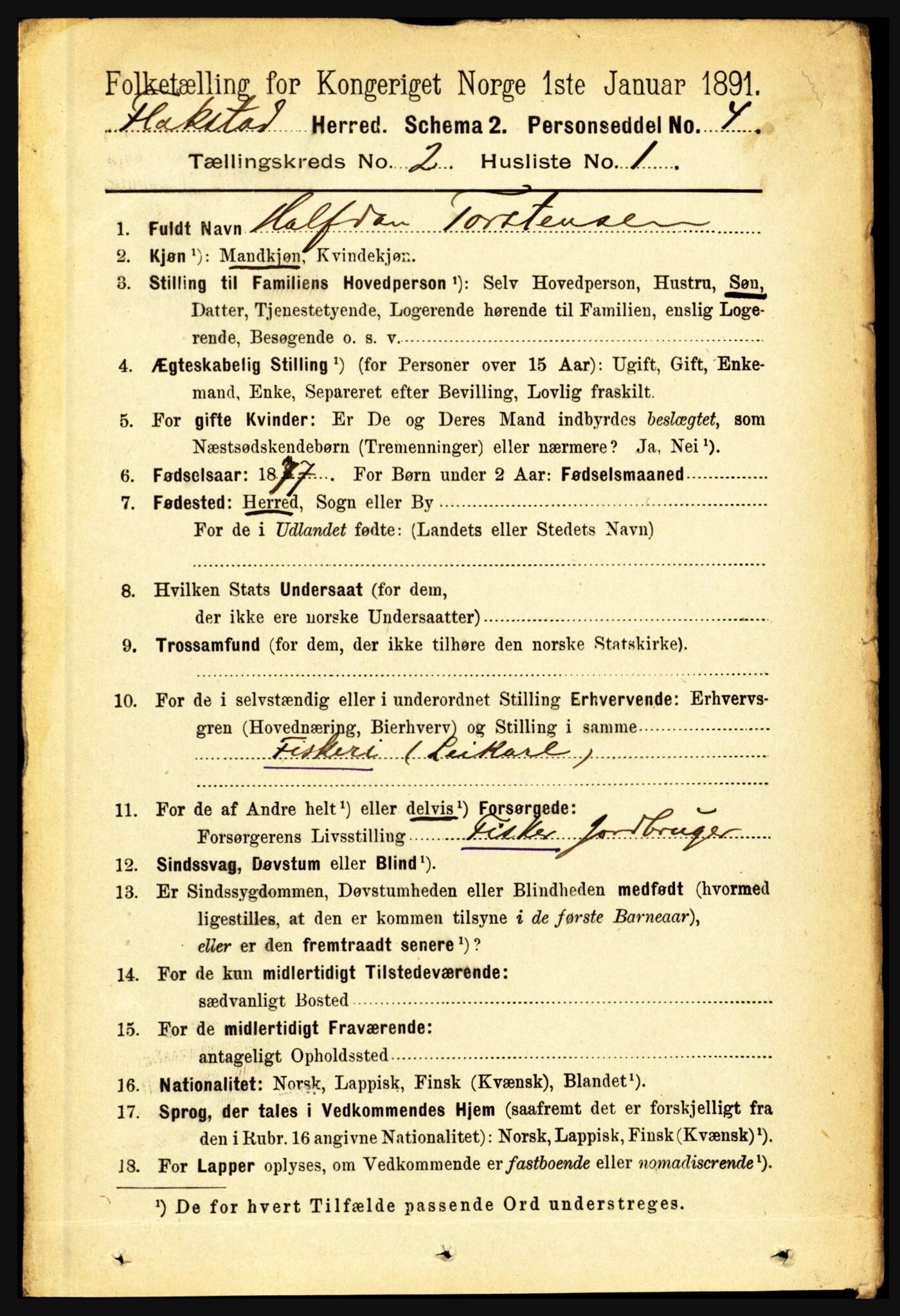 RA, 1891 census for 1859 Flakstad, 1891, p. 601