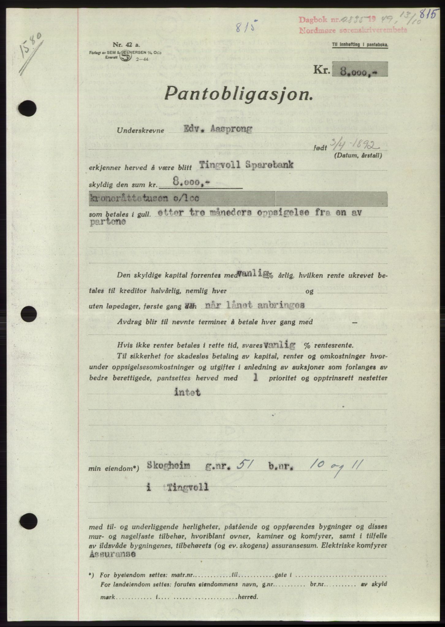 Nordmøre sorenskriveri, AV/SAT-A-4132/1/2/2Ca: Mortgage book no. B102, 1949-1949, Diary no: : 2835/1949