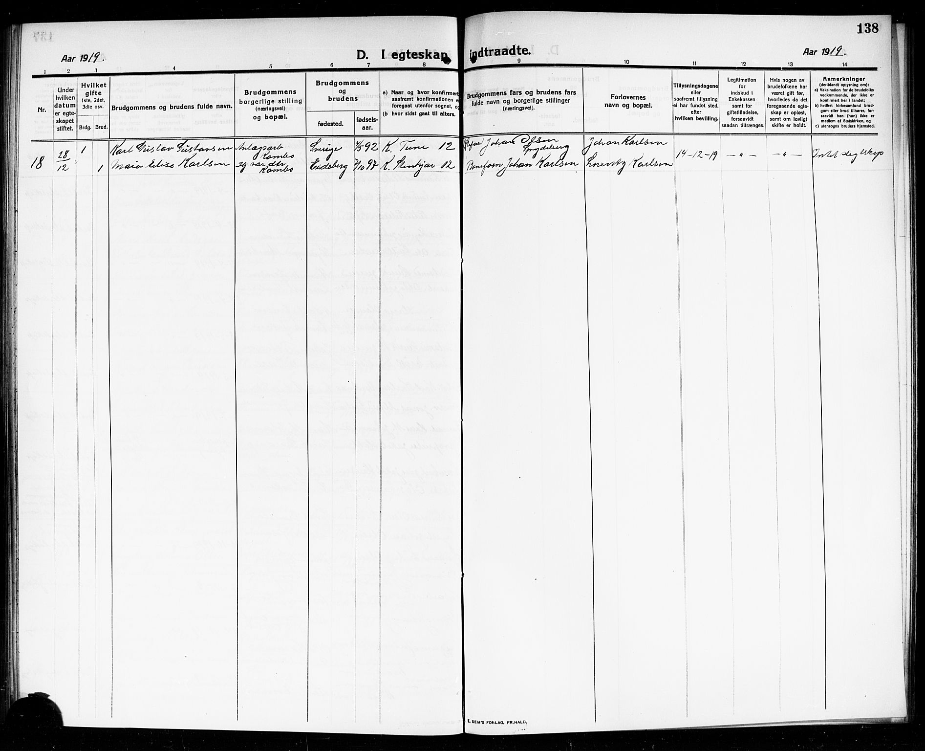 Moss prestekontor Kirkebøker, AV/SAO-A-2003/G/Gb/L0003: Parish register (copy) no. II 3, 1910-1919, p. 138