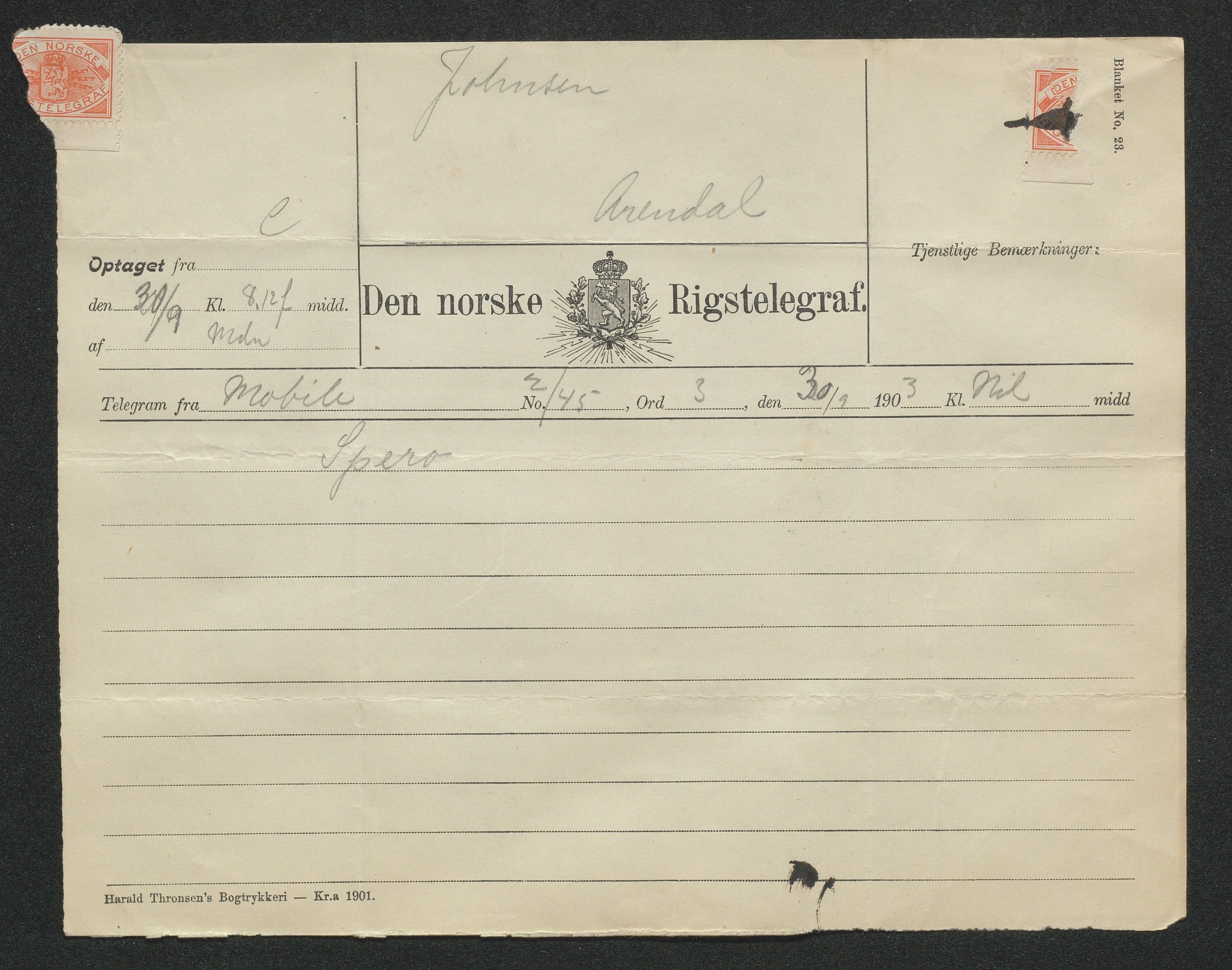 Arendals Dampskibsselskab (ADS), AAKS/PA-1716/1/15/L0018: Skipspapirer D/S Spero, 1898-1904