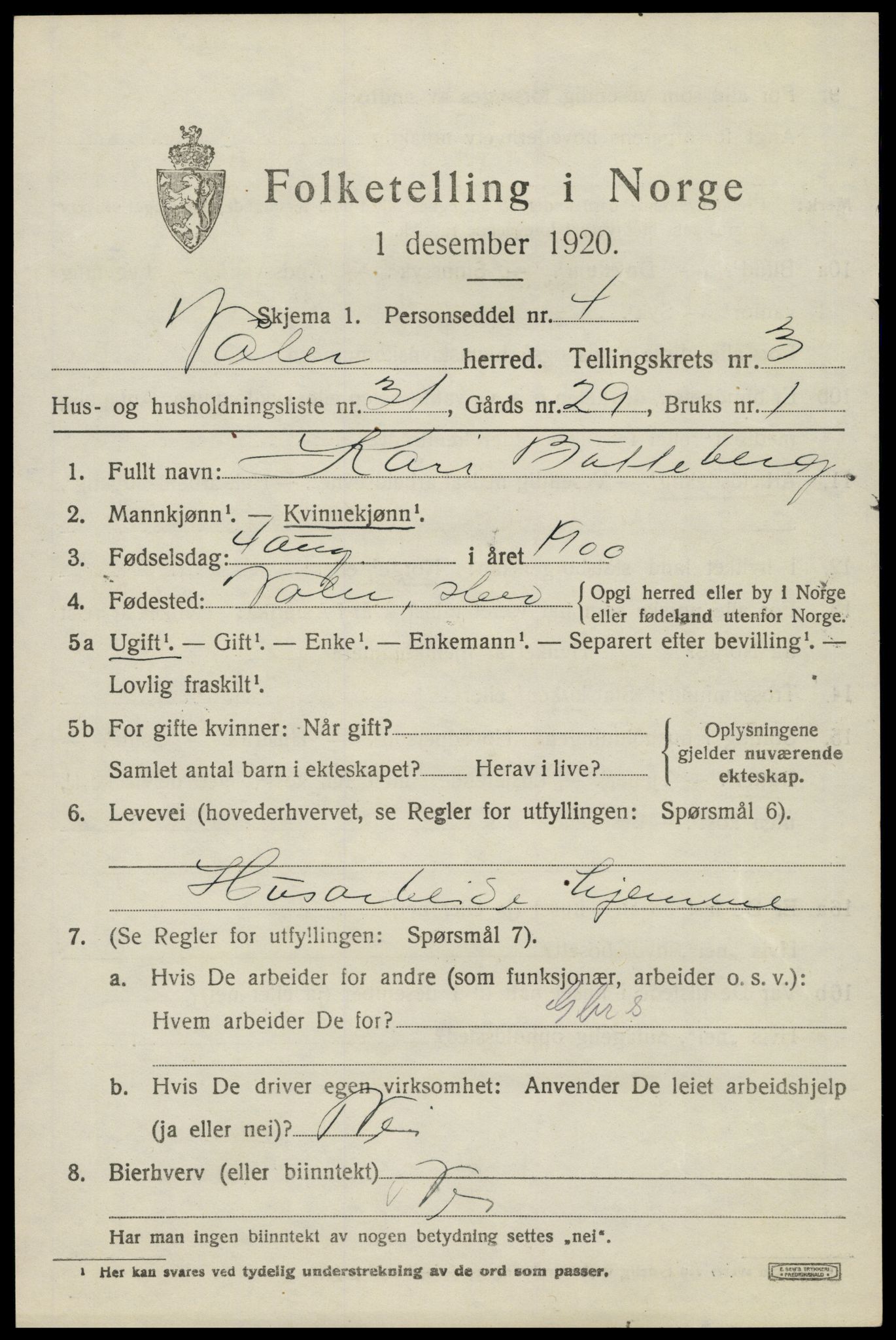 SAH, 1920 census for Våler (Hedmark), 1920, p. 3707