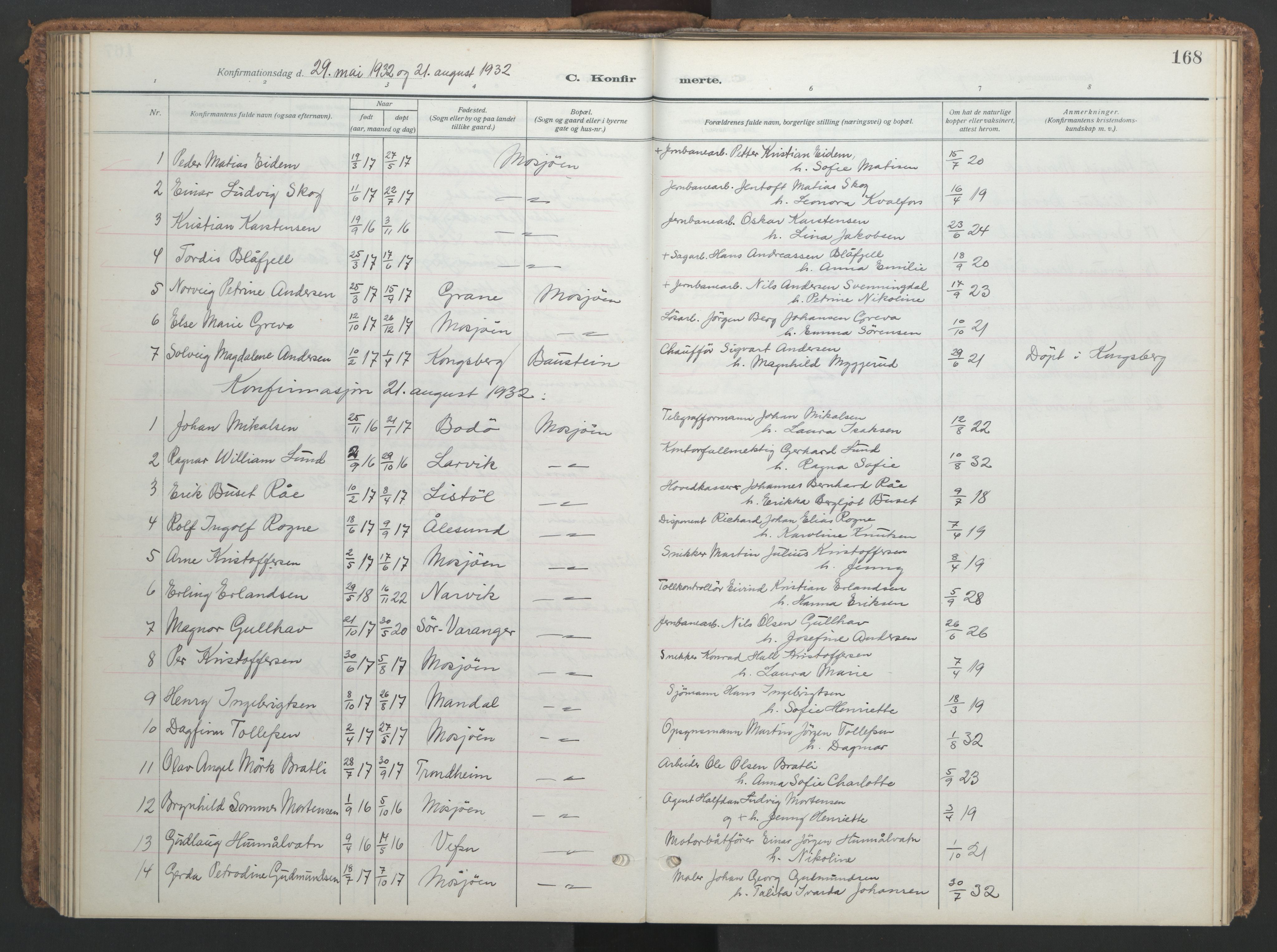 Ministerialprotokoller, klokkerbøker og fødselsregistre - Nordland, AV/SAT-A-1459/820/L0303: Parish register (copy) no. 820C05, 1917-1952, p. 168