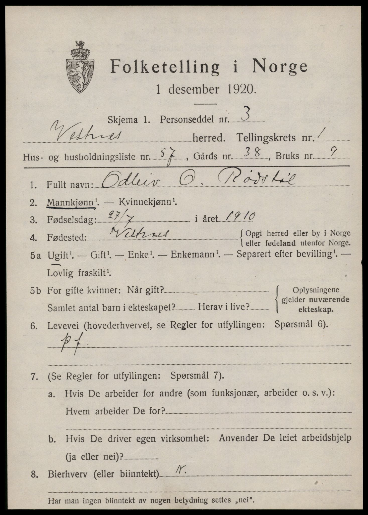 SAT, 1920 census for Vestnes, 1920, p. 1903