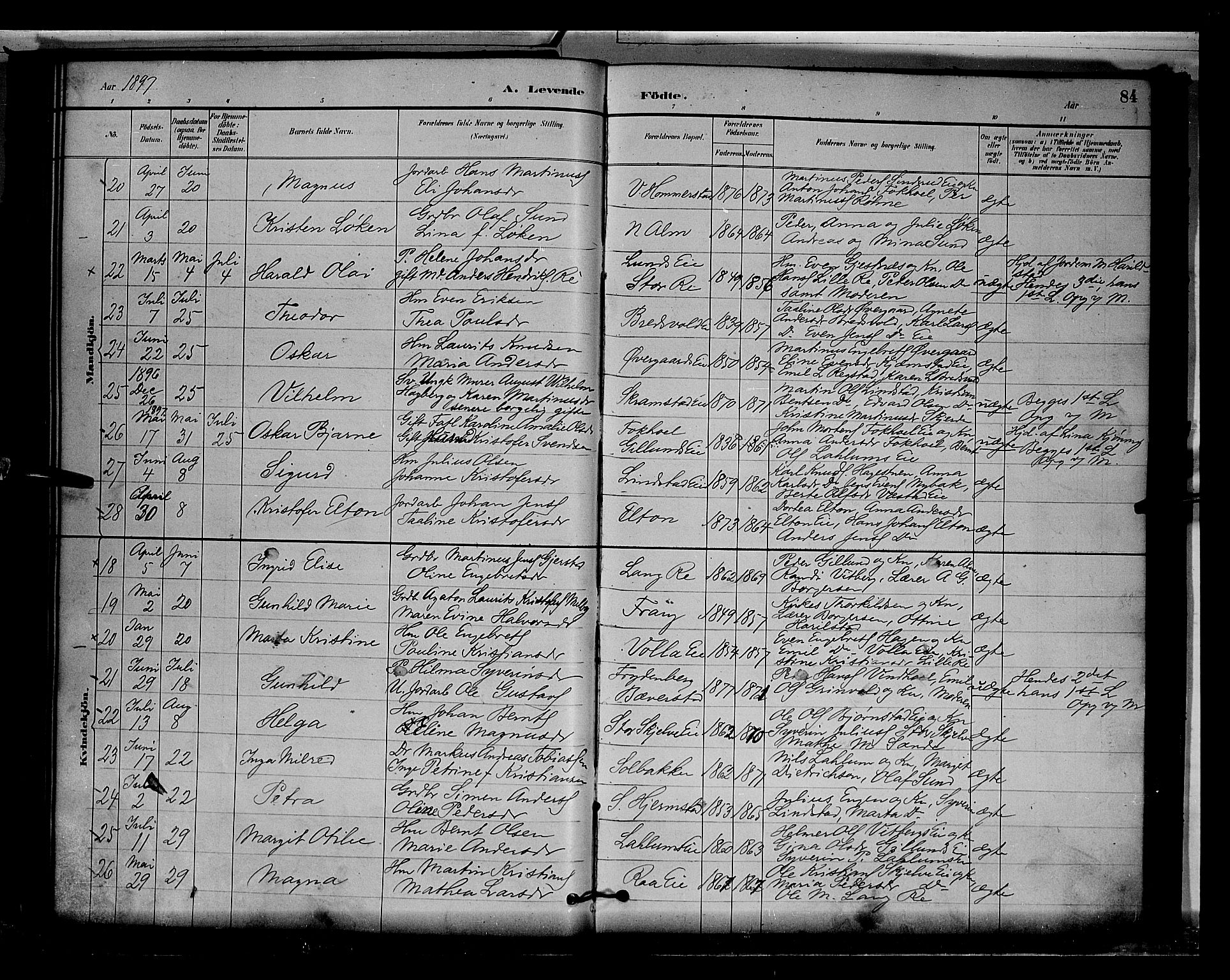 Stange prestekontor, AV/SAH-PREST-002/L/L0009: Parish register (copy) no. 9, 1883-1899, p. 84