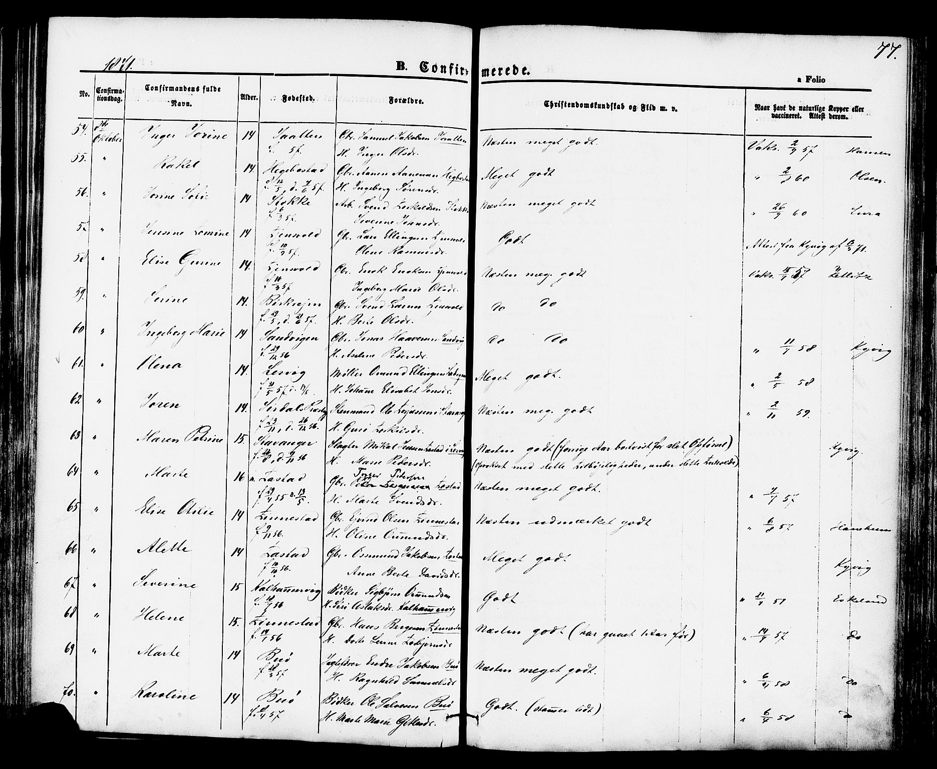 Hetland sokneprestkontor, AV/SAST-A-101826/30/30BA/L0004: Parish register (official) no. A 4, 1862-1881, p. 77